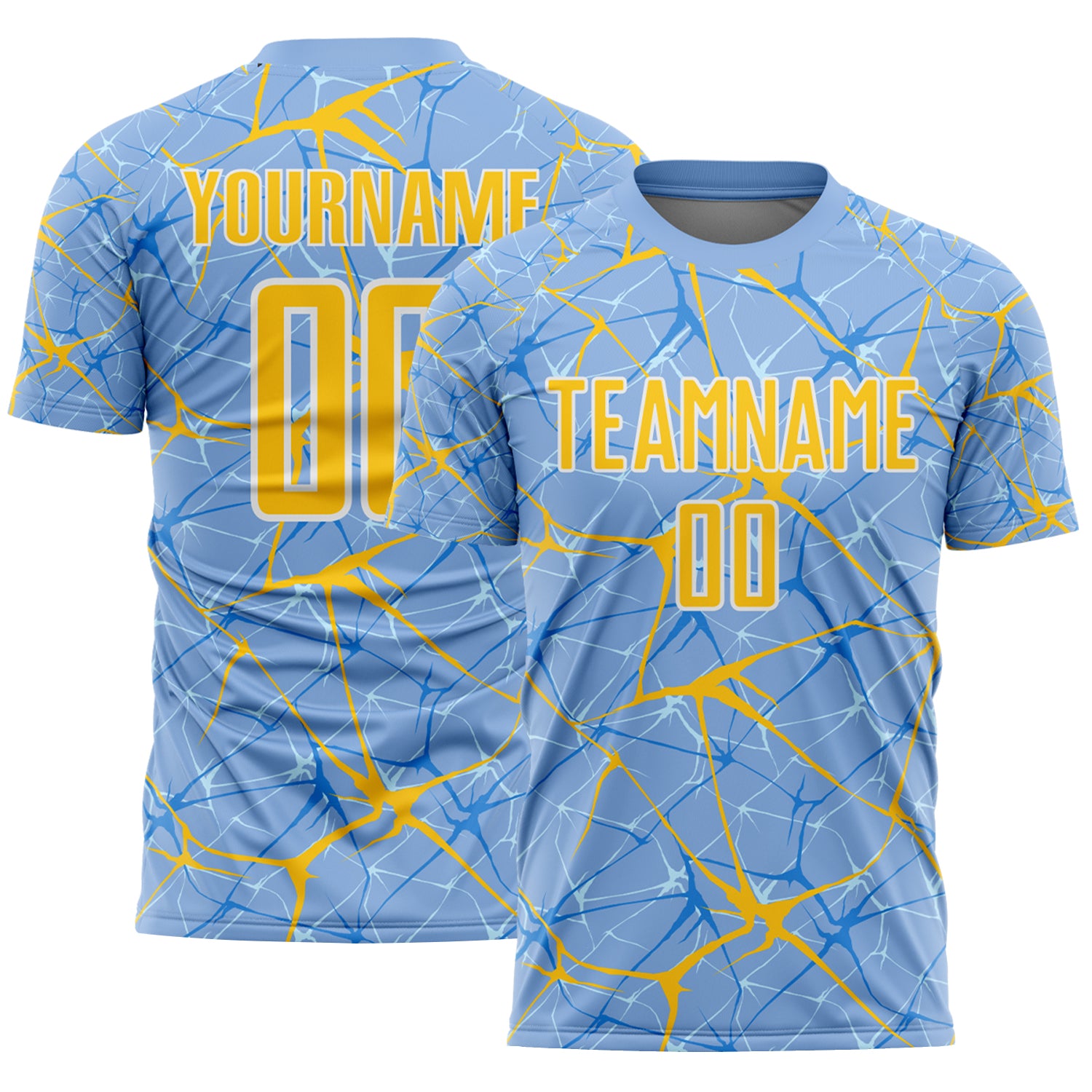 Custom Light Blue Yellow-White Abstract Network Crackle Sublimation Soccer Uniform Jersey
