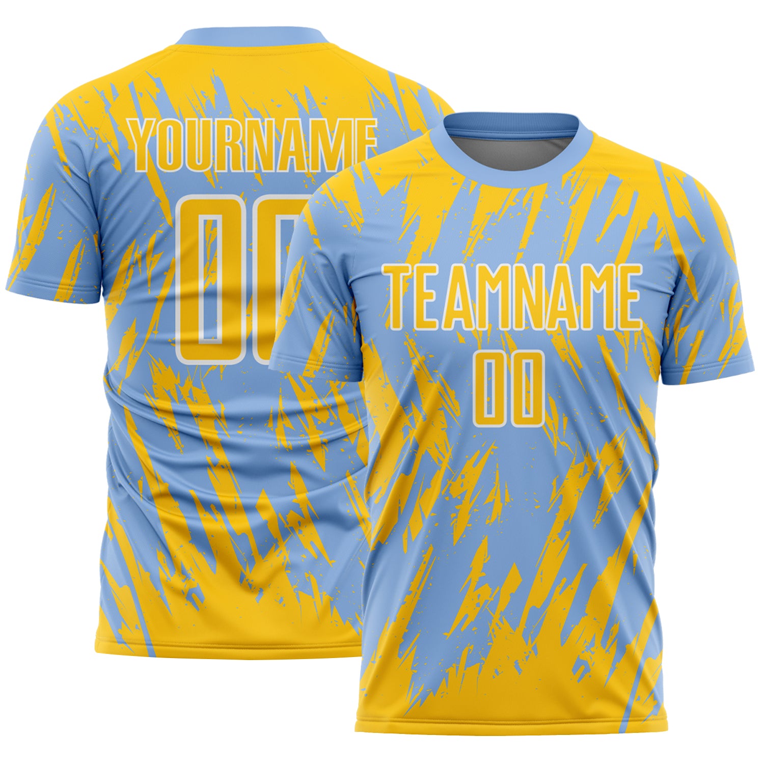 Custom Light Blue Yellow-White Splatter Torn Sharp Brush Stroke Sublimation Soccer Uniform Jersey