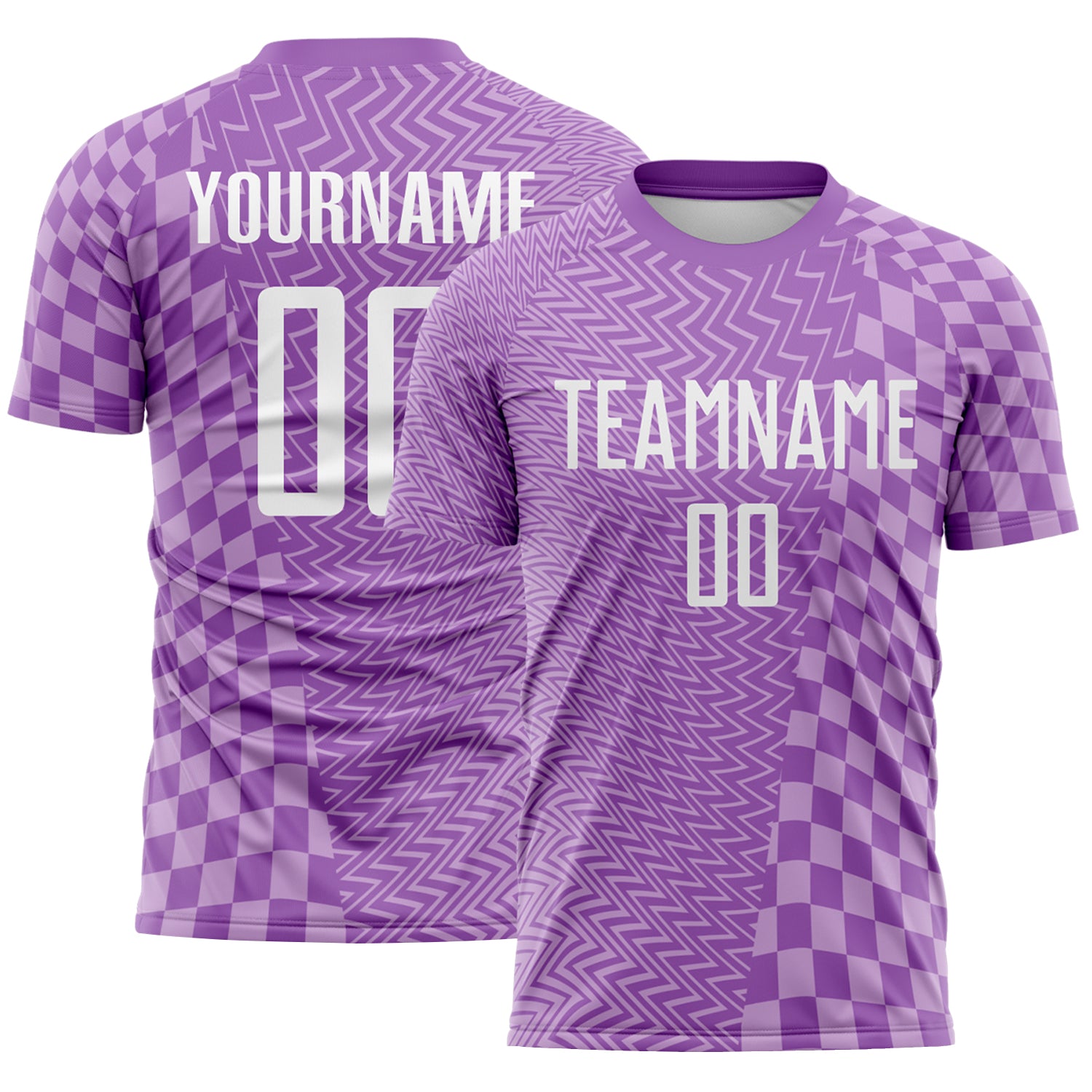 Custom Medium Purple White-Light Purple Geometric Patchwork Asymmetry Checkered Zigzag Lines Sublimation Soccer Uniform Jersey