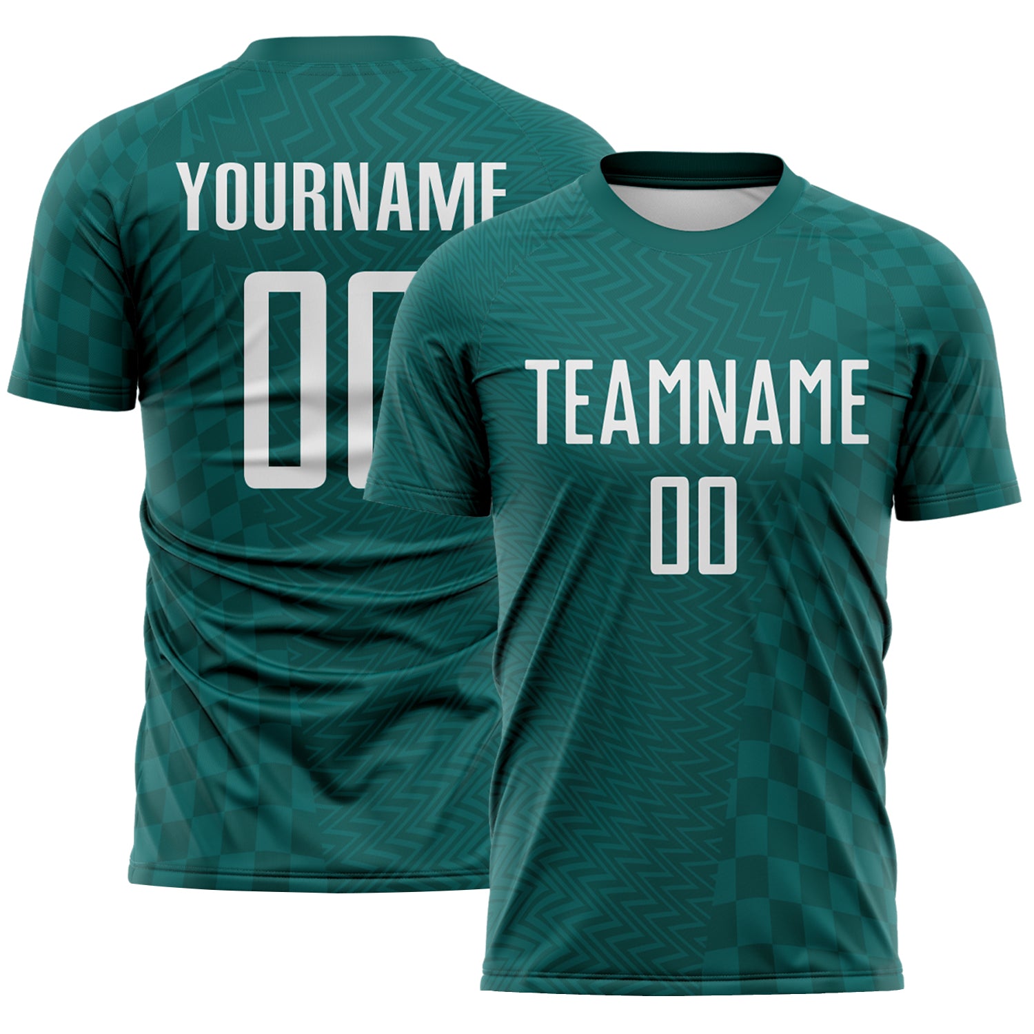 Custom Midnight Green-White Geometric Patchwork Asymmetry Checkered Zigzag Lines Sublimation Soccer Uniform Jersey