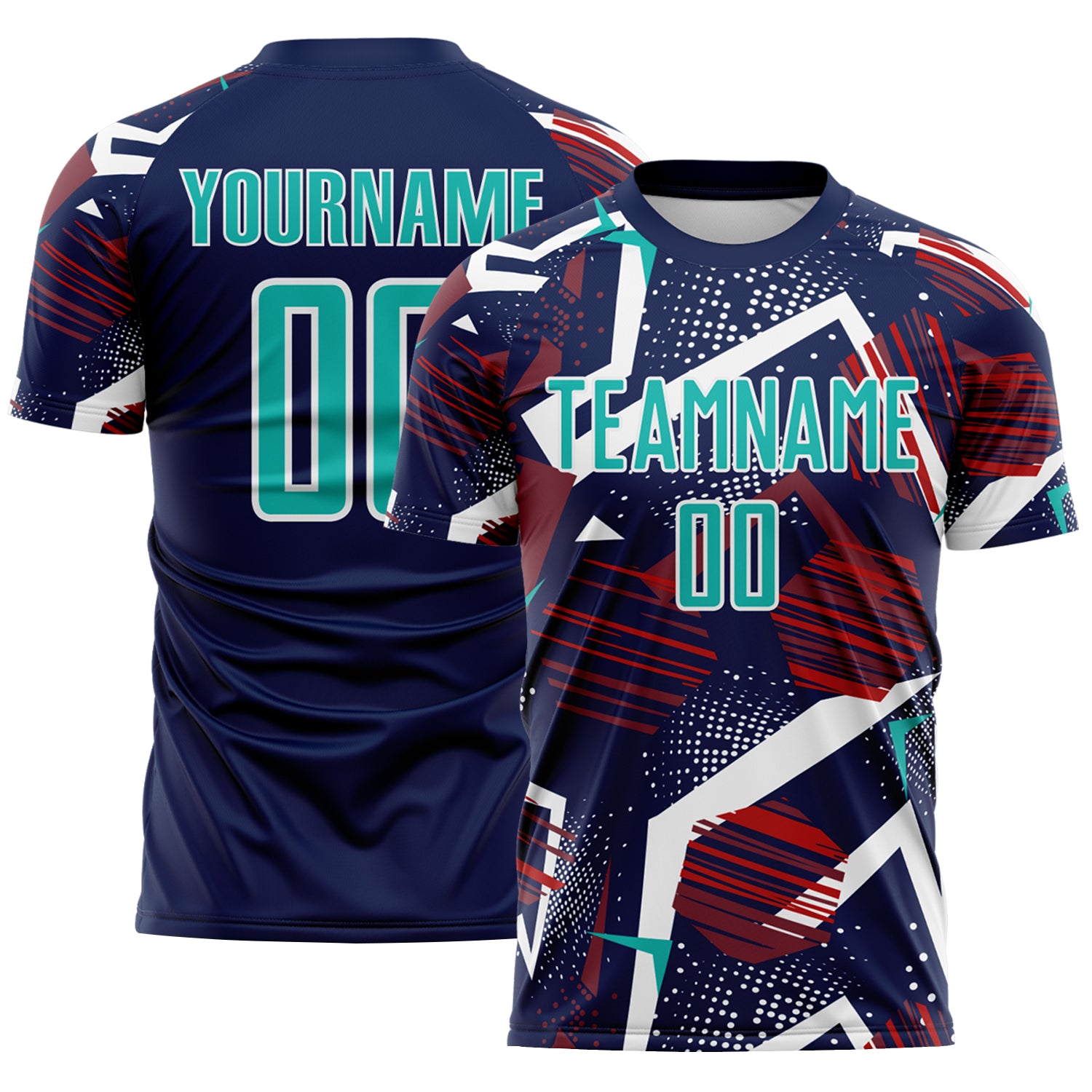 Custom Navy Aqua Red White-Black Geometric Asymmetry Shatter Sublimation Soccer Uniform Jersey