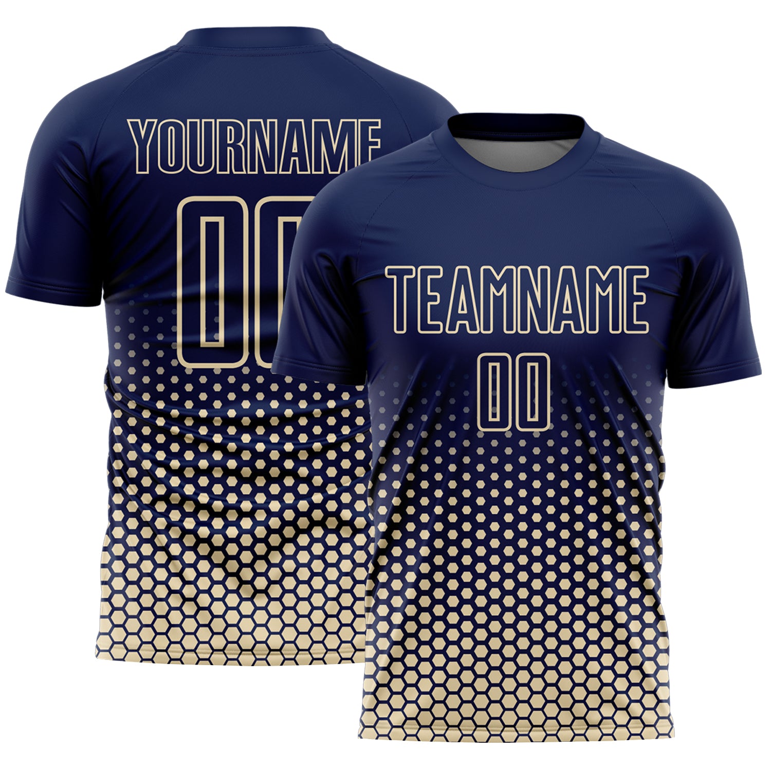 Custom Navy-Cream Geometric Hexagonal Dot Gradient Sublimation Soccer Uniform Jersey