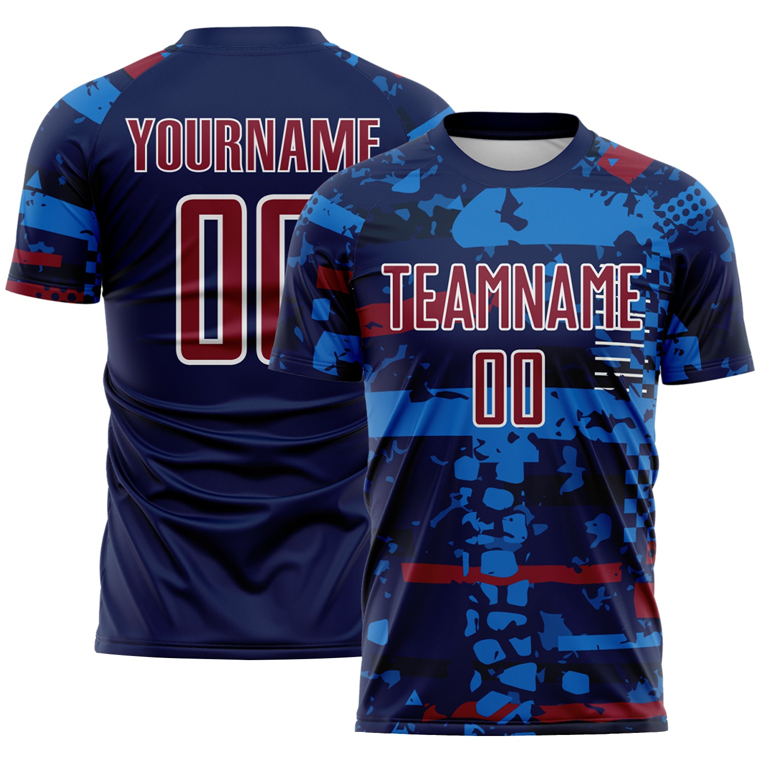 Custom Navy Crimson Blue-White Abstract Geometric Stripe Fragment Sublimation Soccer Uniform Jersey