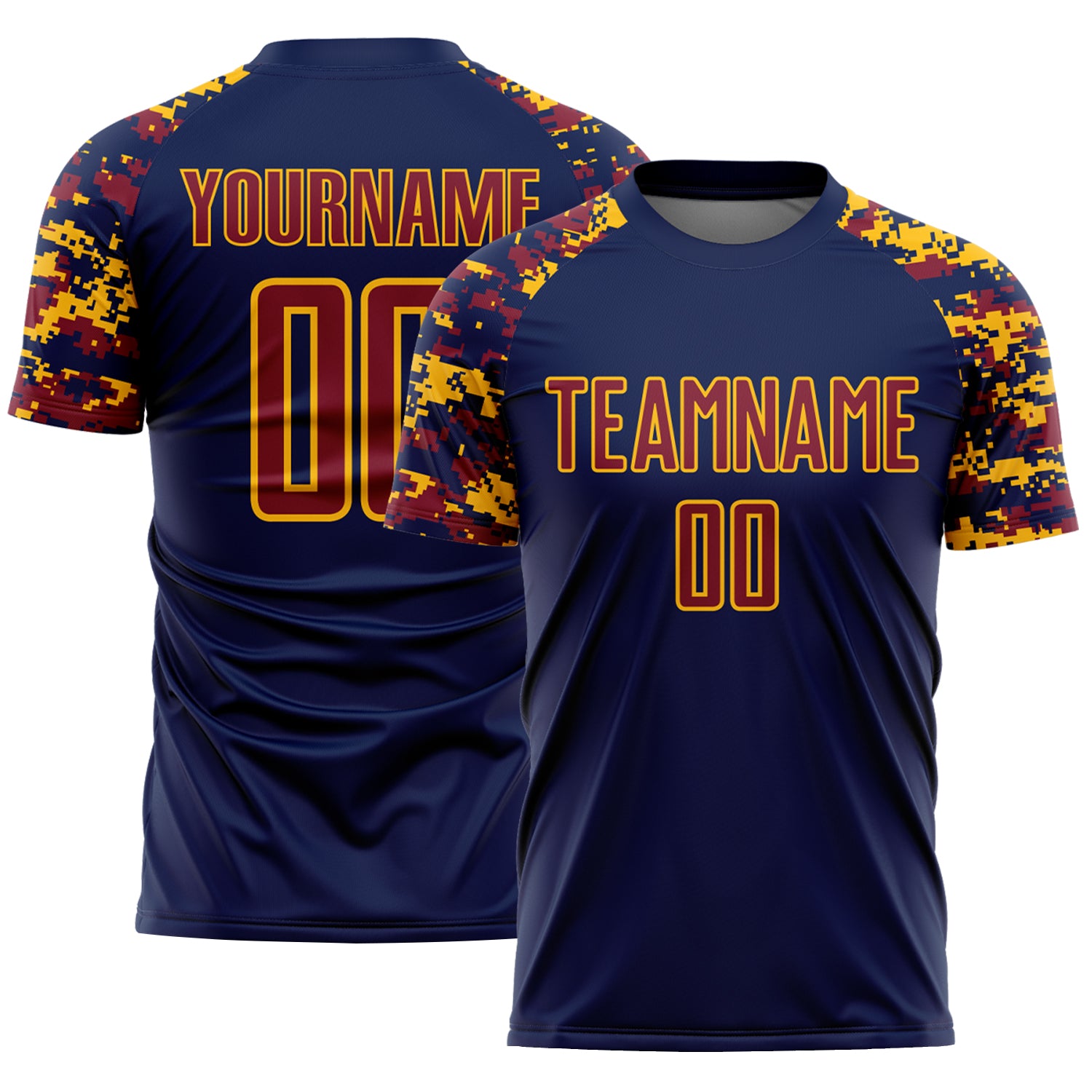 Custom Navy Crimson-Gold Digital Camo Raglan Sleeves Sublimation Soccer Uniform Jersey