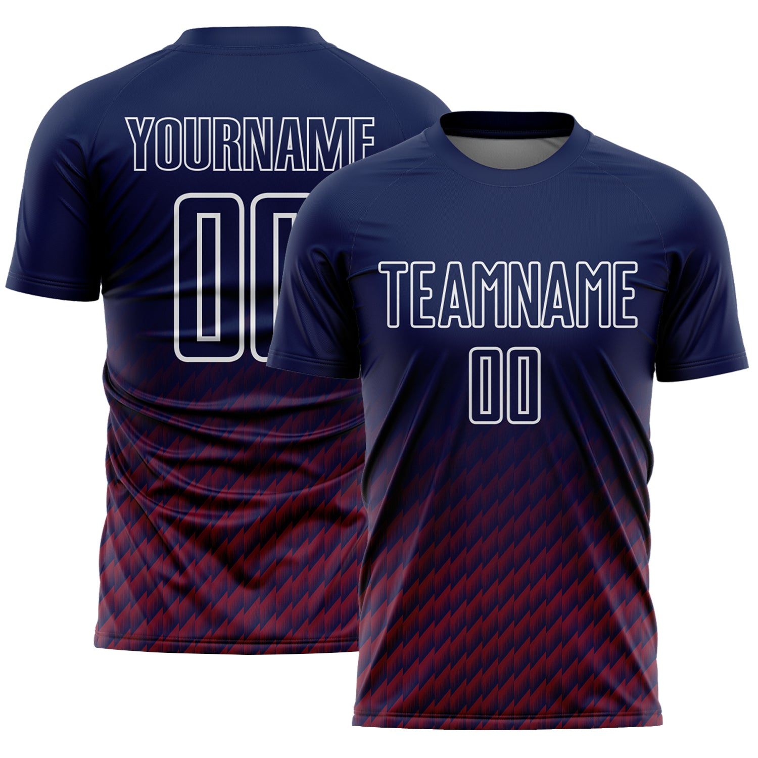 Custom Navy Crimson-White Geometric Wave Gradient Sublimation Soccer Uniform Jersey