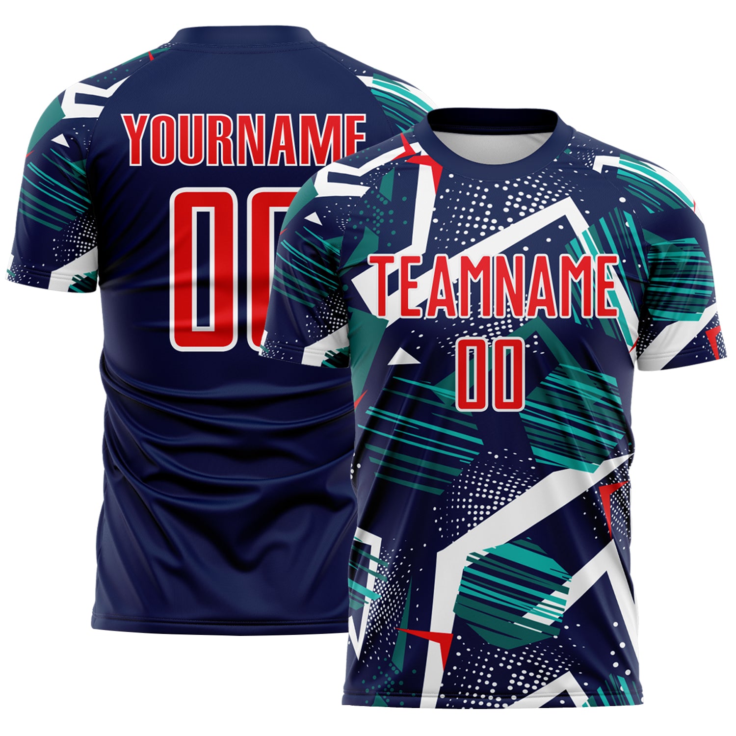Custom Navy Fire Red Teal-White Geometric Asymmetry Shatter Sublimation Soccer Uniform Jersey