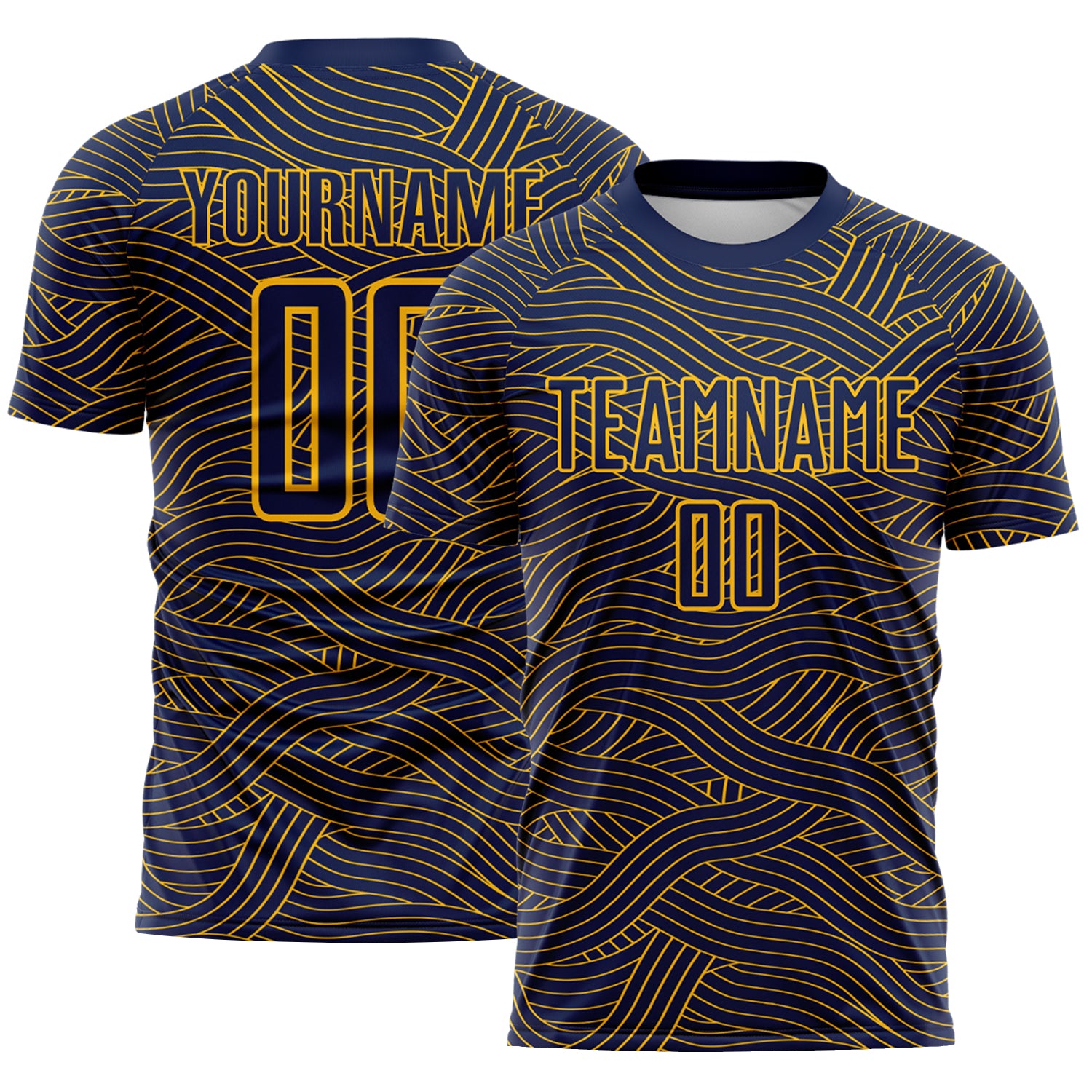 Custom Navy-Gold Abstract Wave Lines Interlocking Sublimation Soccer Uniform Jersey