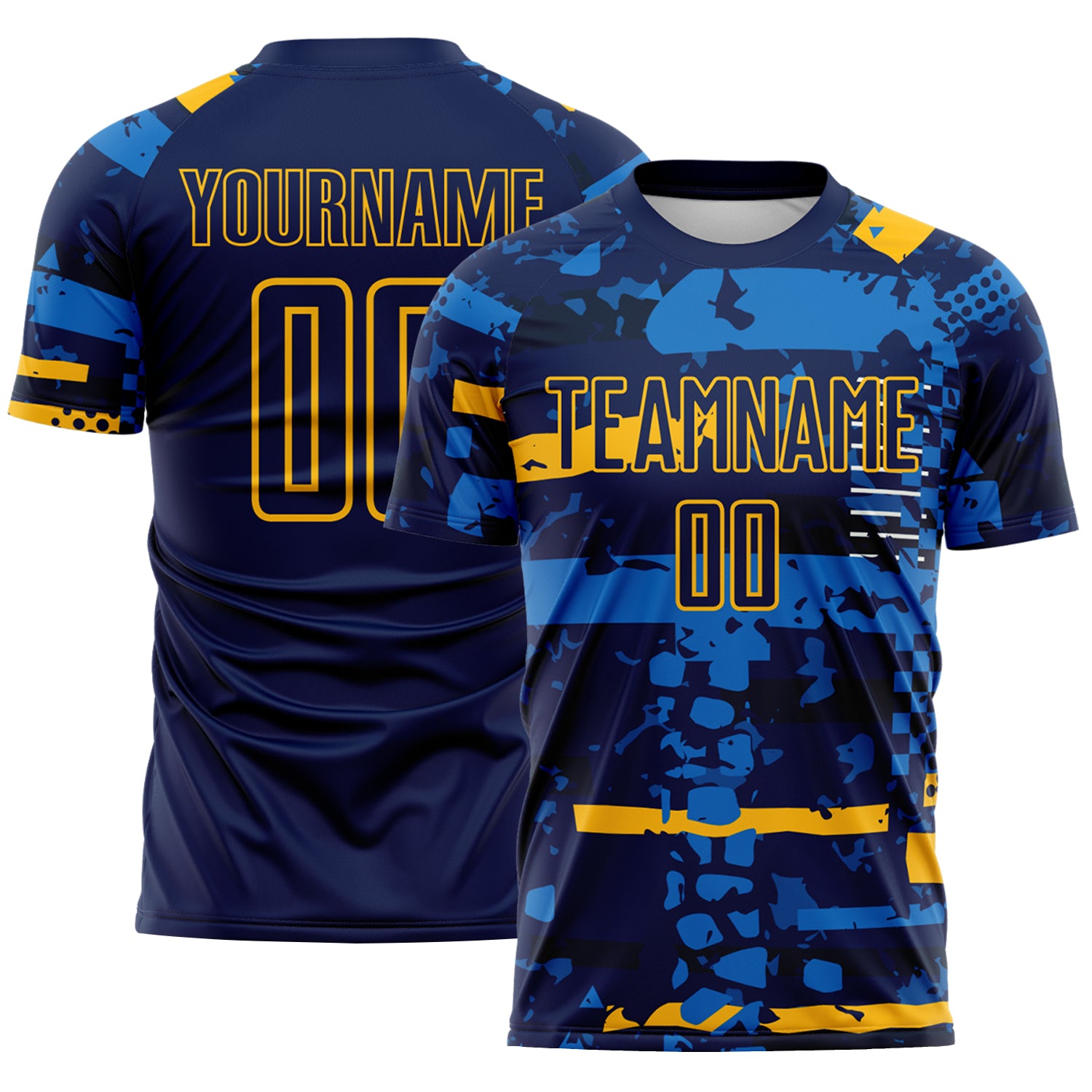 Custom Navy Gold-Blue Abstract Geometric Stripe Fragment Sublimation Soccer Uniform Jersey