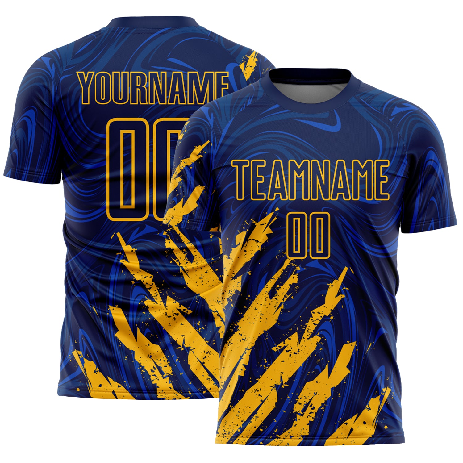 Custom Navy-Gold Brush Stroke Splatter Liquid Swirl Sublimation Soccer Uniform Jersey