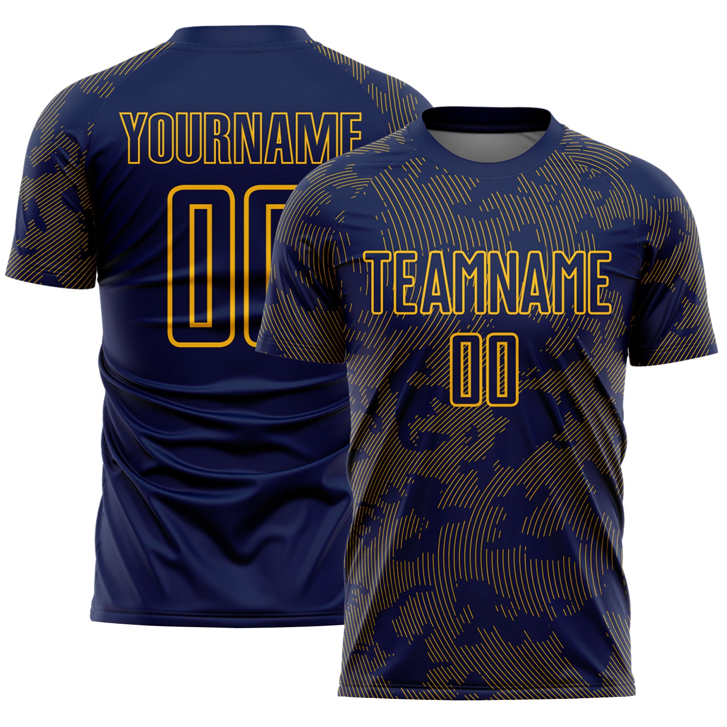 Custom Navy-Gold Curve Lines Sublimation Soccer Uniform Jersey