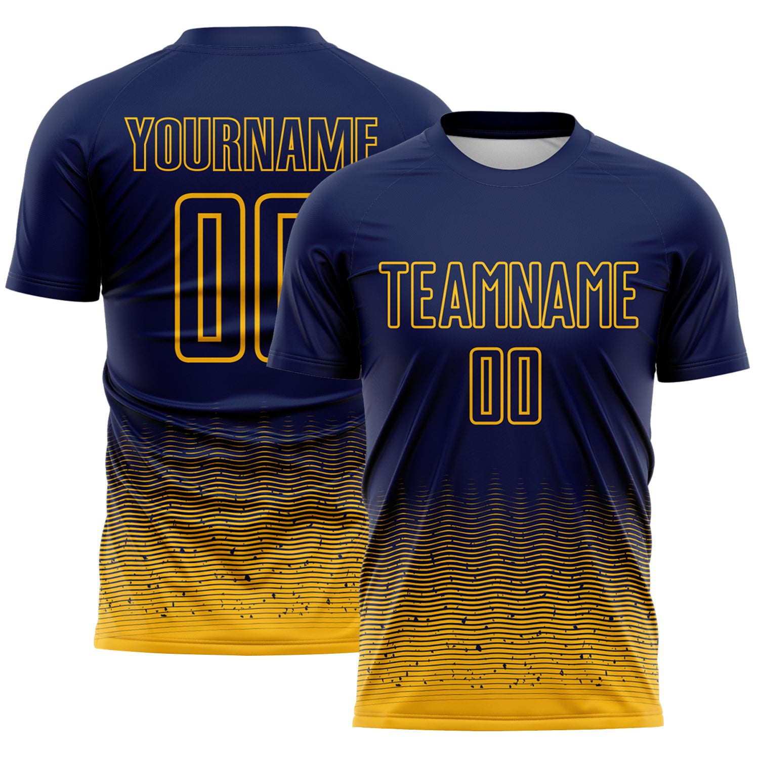 Custom Navy-Gold Fade Wave Lines Splatter Sublimation Soccer Uniform Jersey