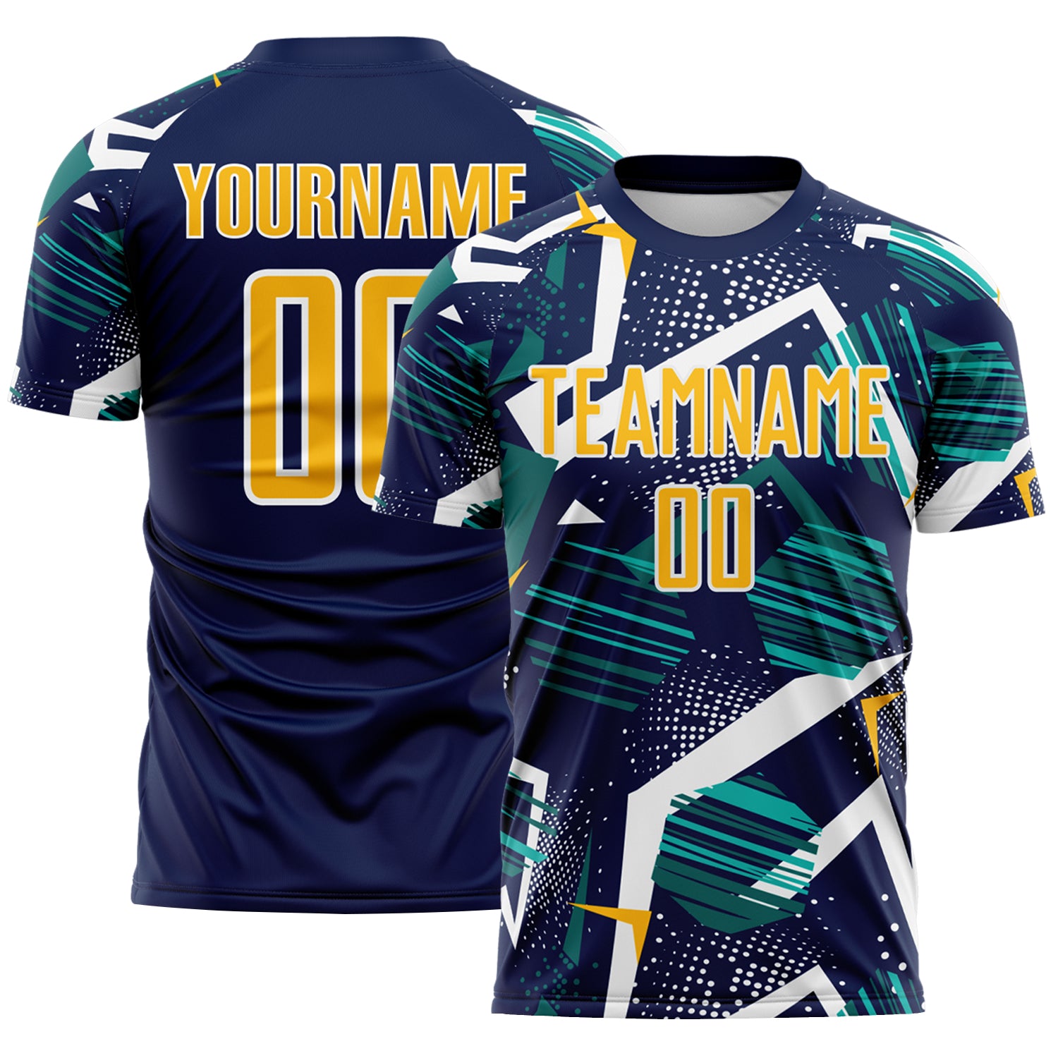 Custom Navy Gold Teal-White Geometric Asymmetry Shatter Sublimation Soccer Uniform Jersey