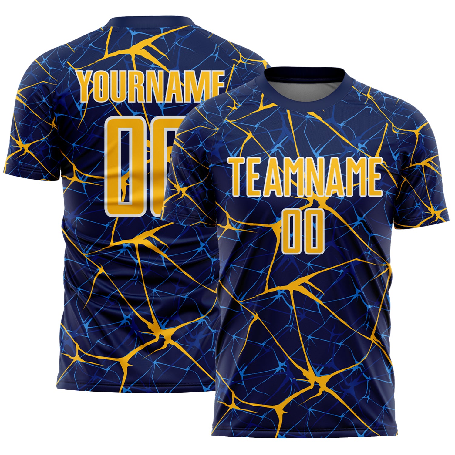 Custom Navy Gold-White Abstract Network Crackle Sublimation Soccer Uniform Jersey