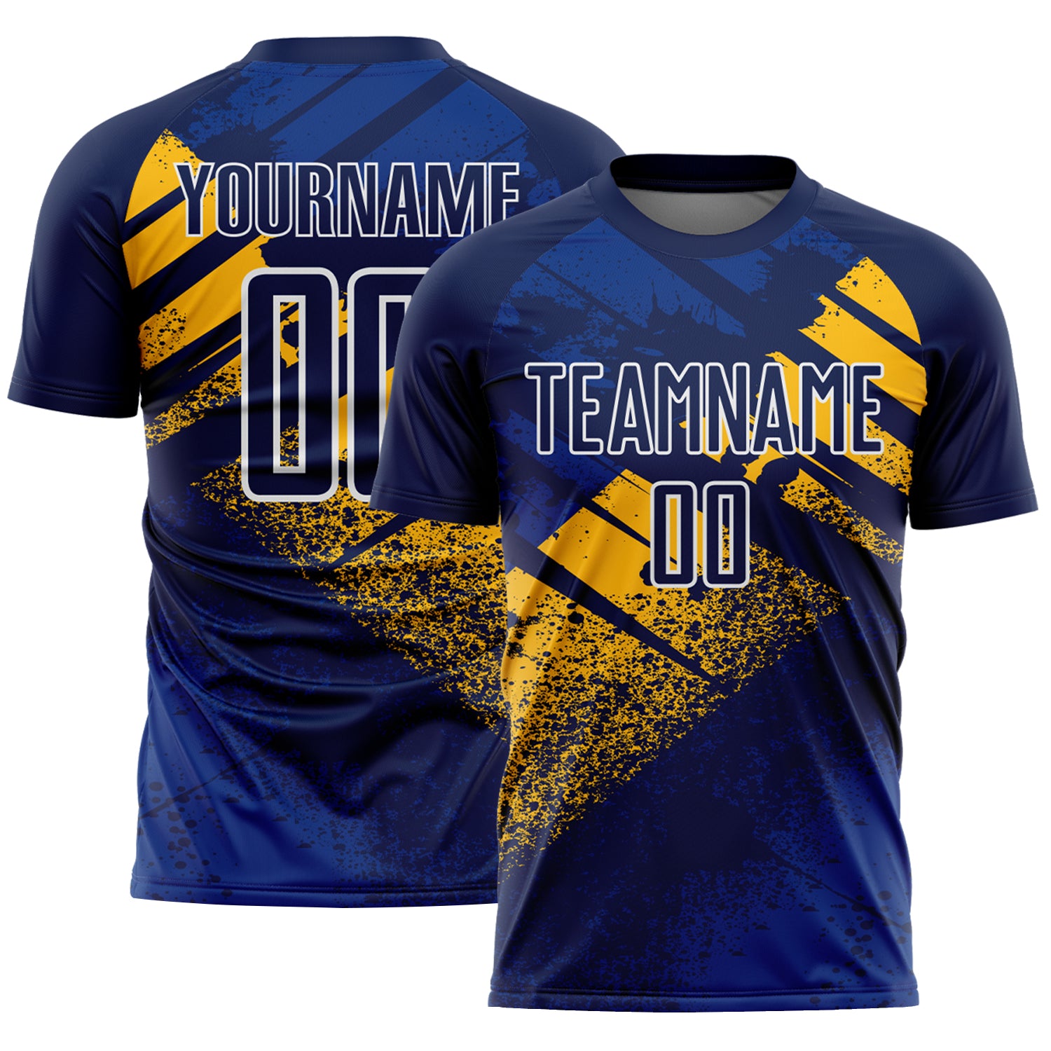 Custom Navy Gold-White Grunge Splatter Brush Stroke Sublimation Soccer Uniform Jersey