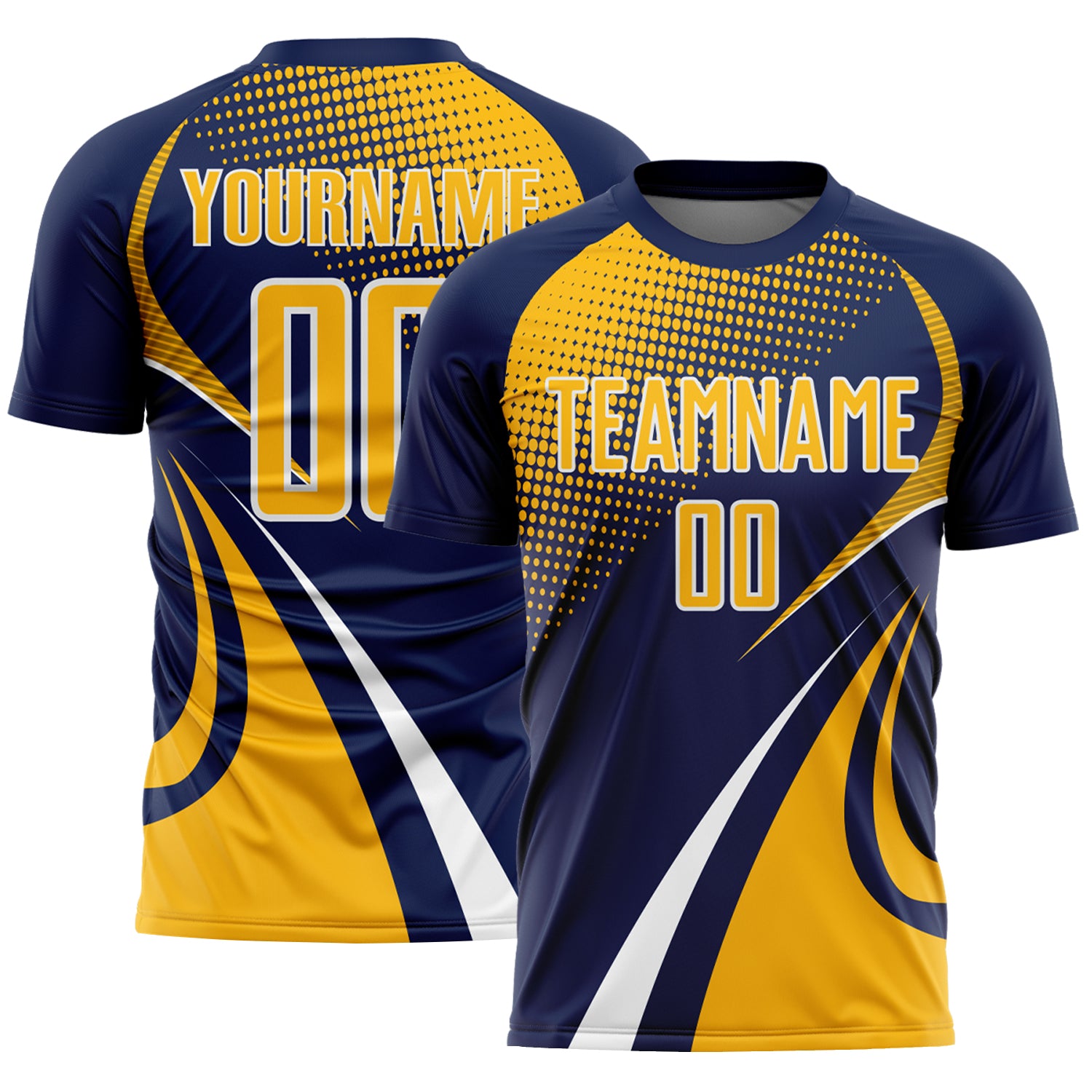 Custom Navy Gold-White Halftone Dot Dynamic Curve Stripe Sublimation Soccer Uniform Jersey