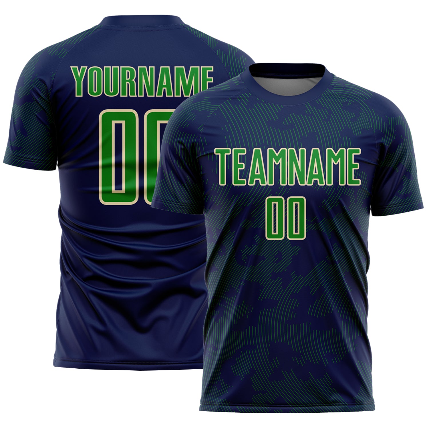 Custom Navy Grass Green-Cream Curve Lines Sublimation Soccer Uniform Jersey