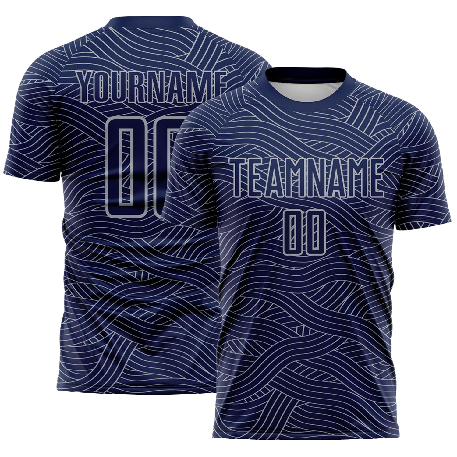 Custom Navy-Gray Abstract Wave Lines Interlocking Sublimation Soccer Uniform Jersey