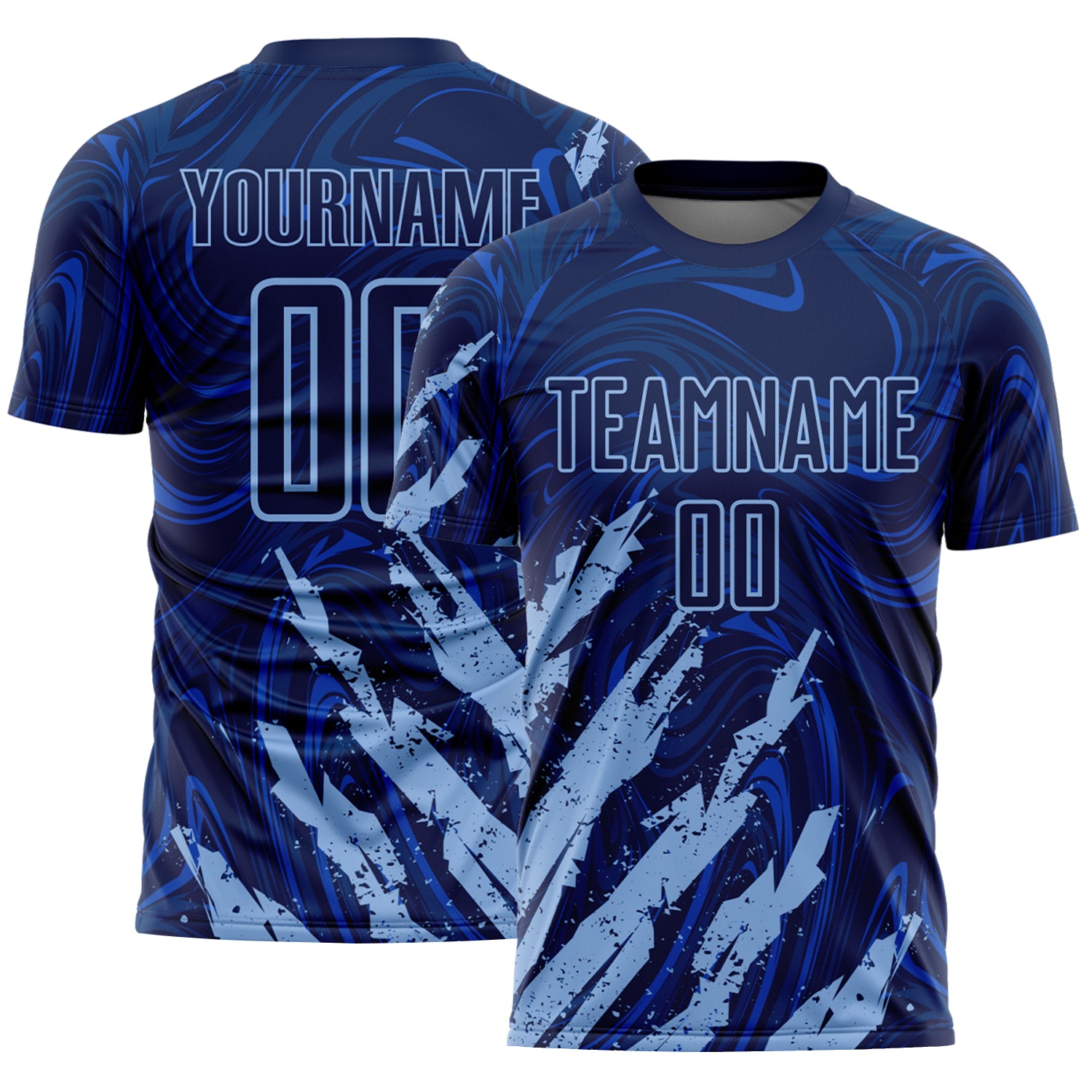Custom Navy-Light Blue Brush Stroke Splatter Liquid Swirl Sublimation Soccer Uniform Jersey
