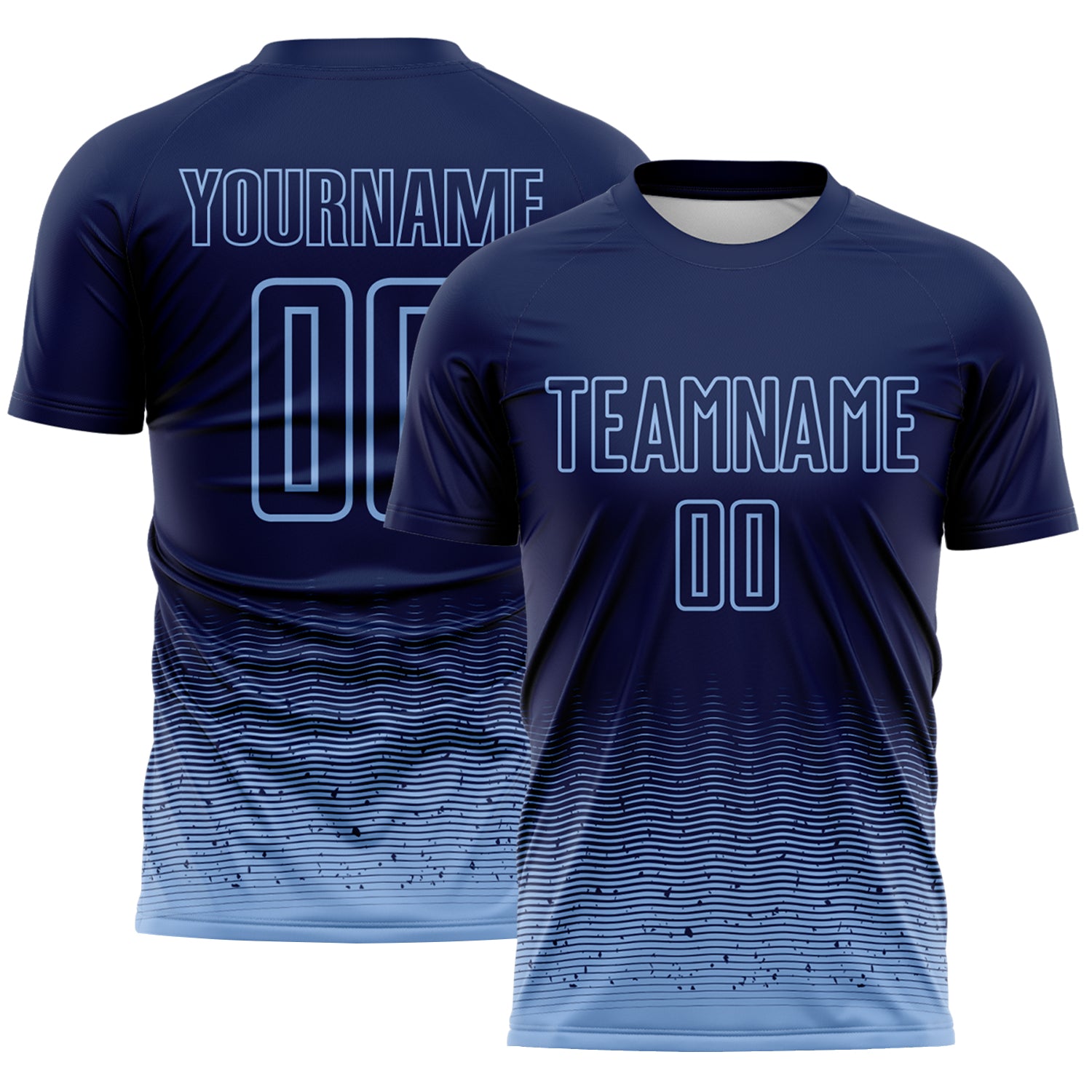 Custom Navy-Light Blue Fade Wave Lines Splatter Sublimation Soccer Uniform Jersey