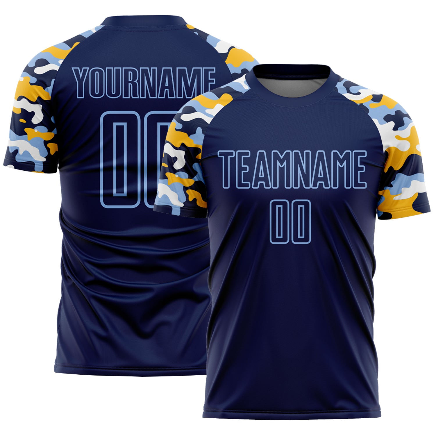 Custom Navy Light Blue Gold-White Digital Camo Raglan Sleeves Sublimation Soccer Uniform Jersey