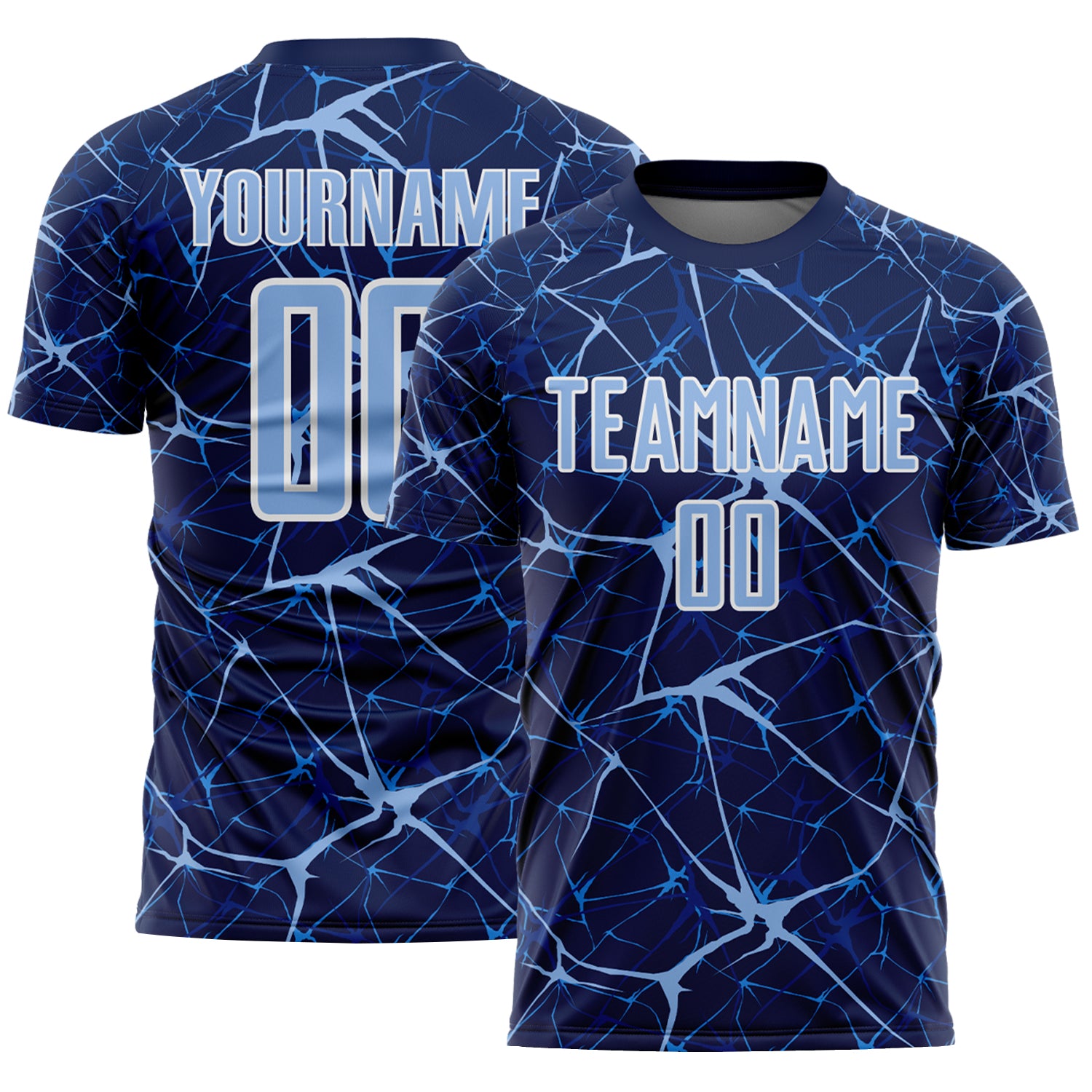 Custom Navy Light Blue-White Abstract Network Crackle Sublimation Soccer Uniform Jersey