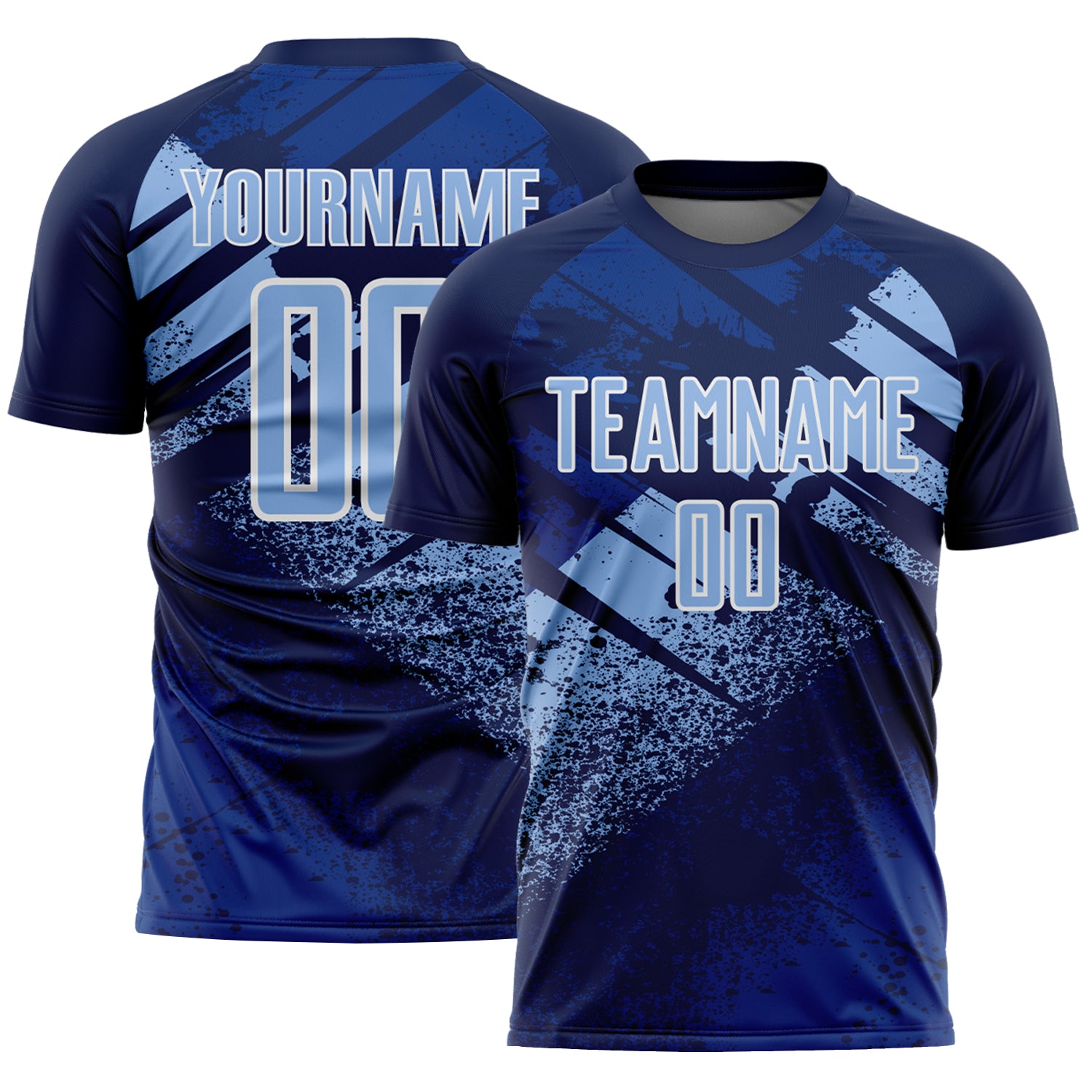 Custom Navy Light Blue-White Grunge Splatter Brush Stroke Sublimation Soccer Uniform Jersey