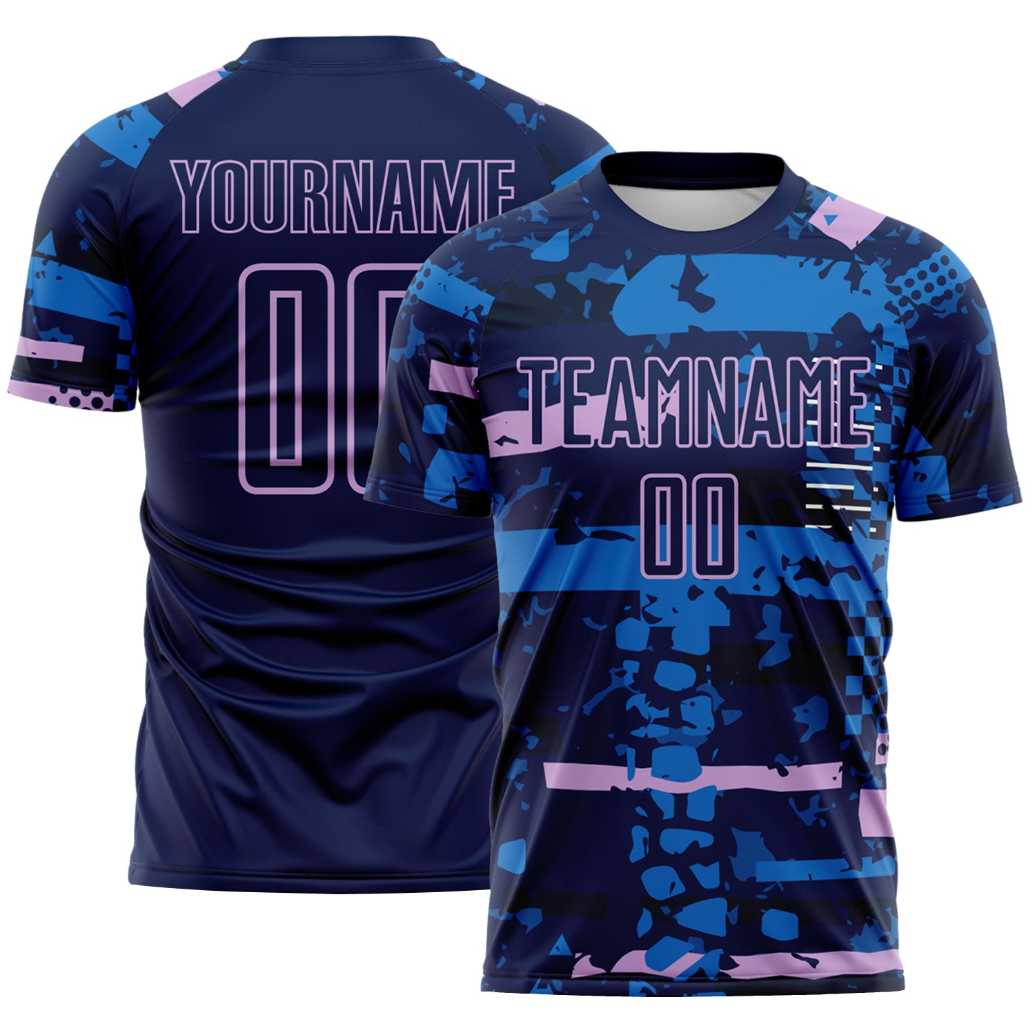 Custom Navy Light Purple-Blue Abstract Geometric Stripe Fragment Sublimation Soccer Uniform Jersey