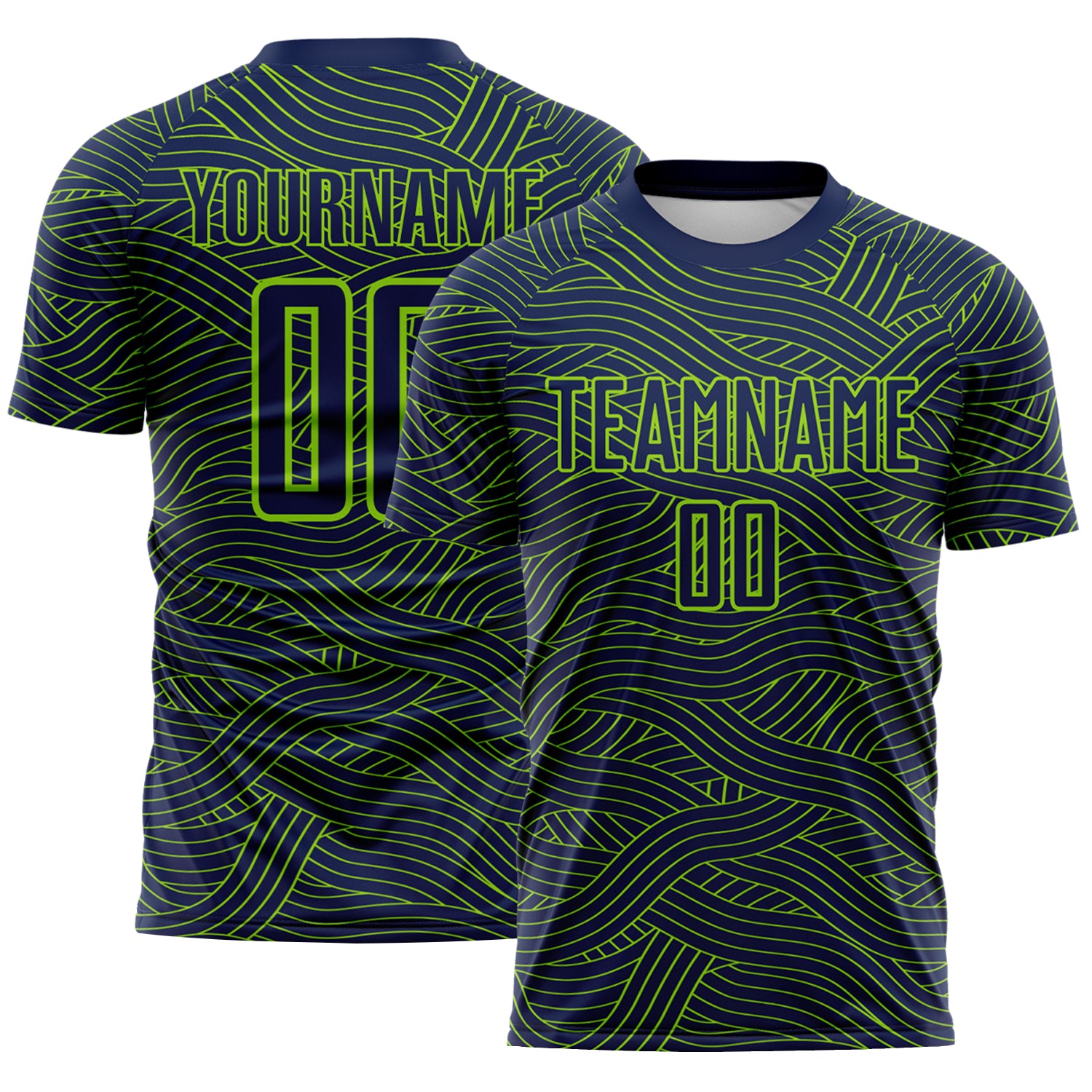 Custom Navy-Neon Green Abstract Wave Lines Interlocking Sublimation Soccer Uniform Jersey