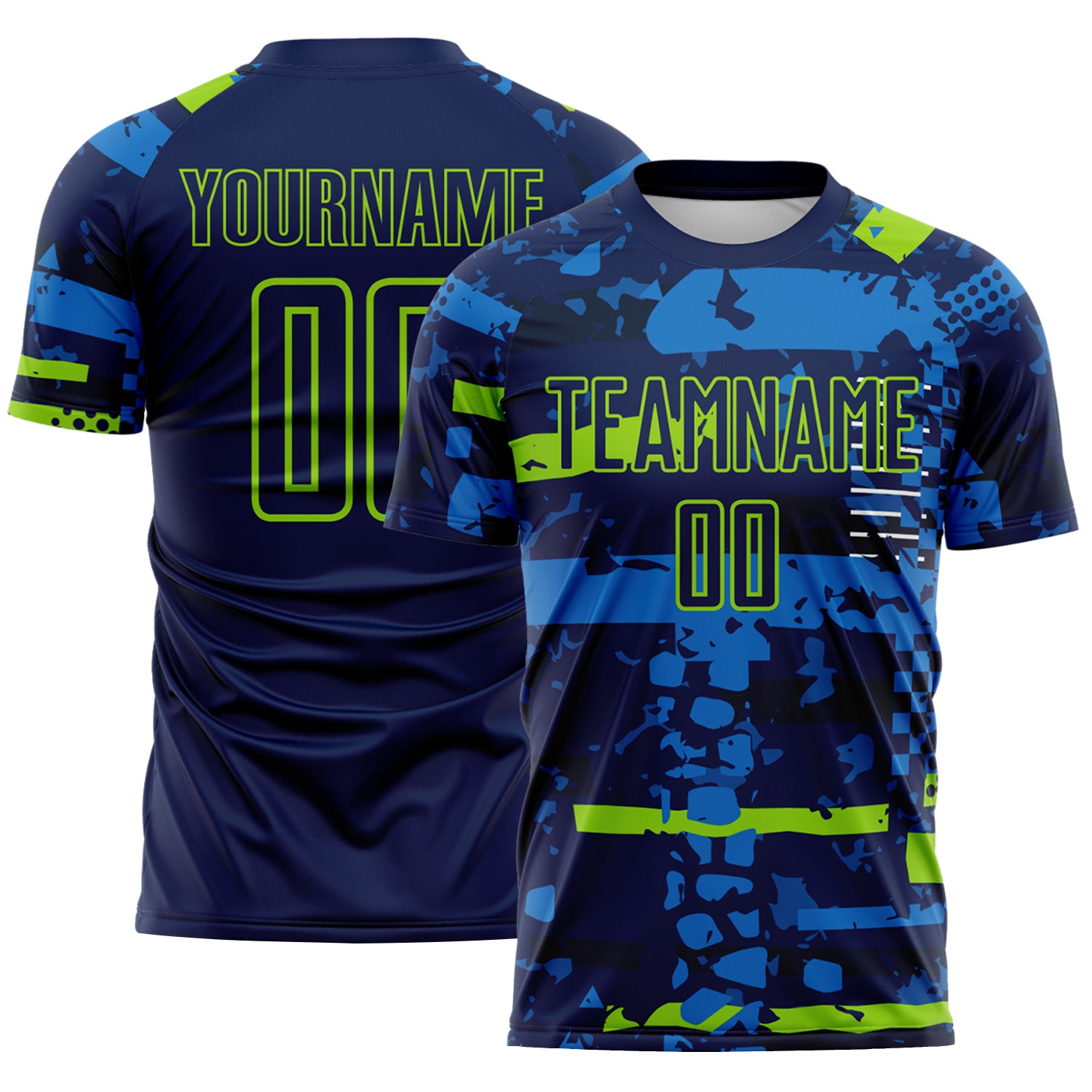 Custom Navy Neon Green-Blue Abstract Geometric Stripe Fragment Sublimation Soccer Uniform Jersey