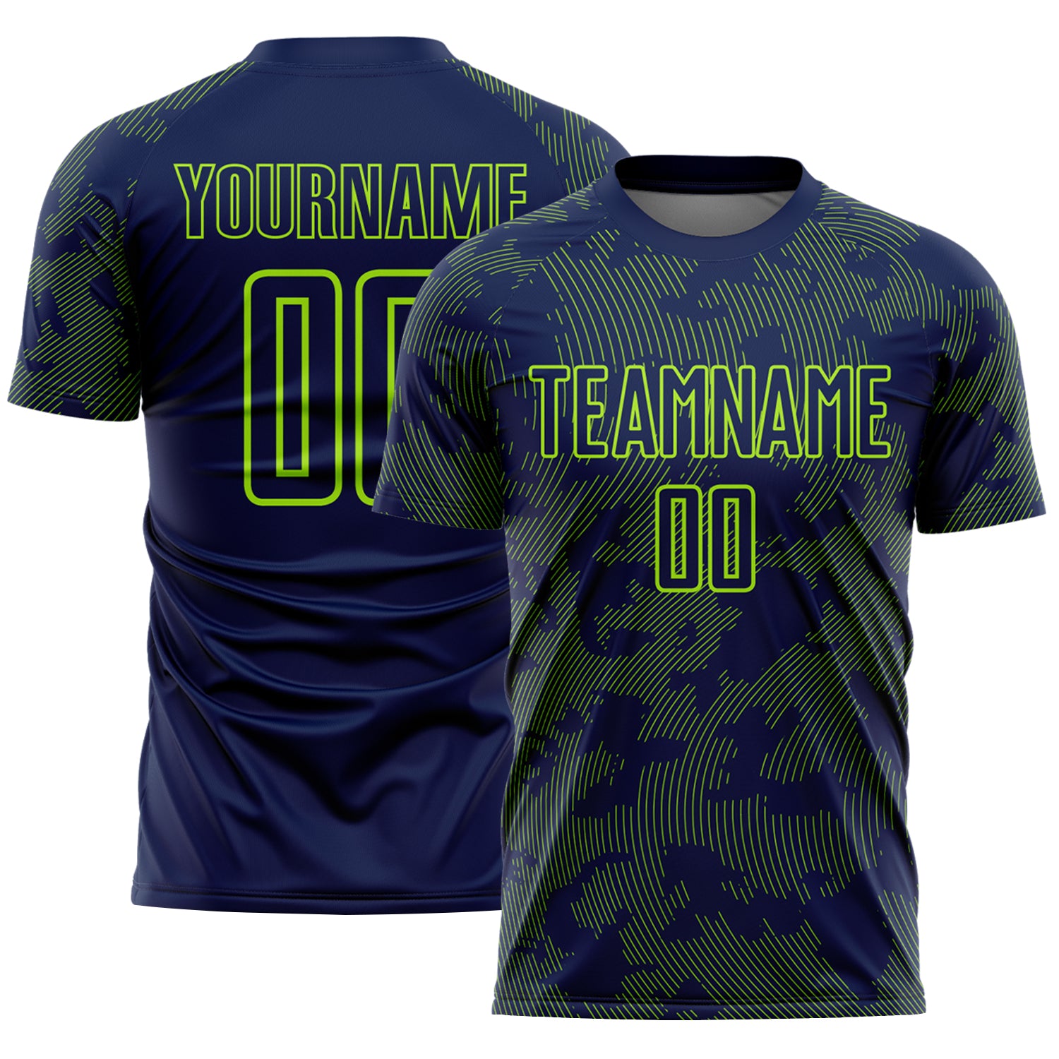 Custom Navy-Neon Green Curve Lines Sublimation Soccer Uniform Jersey