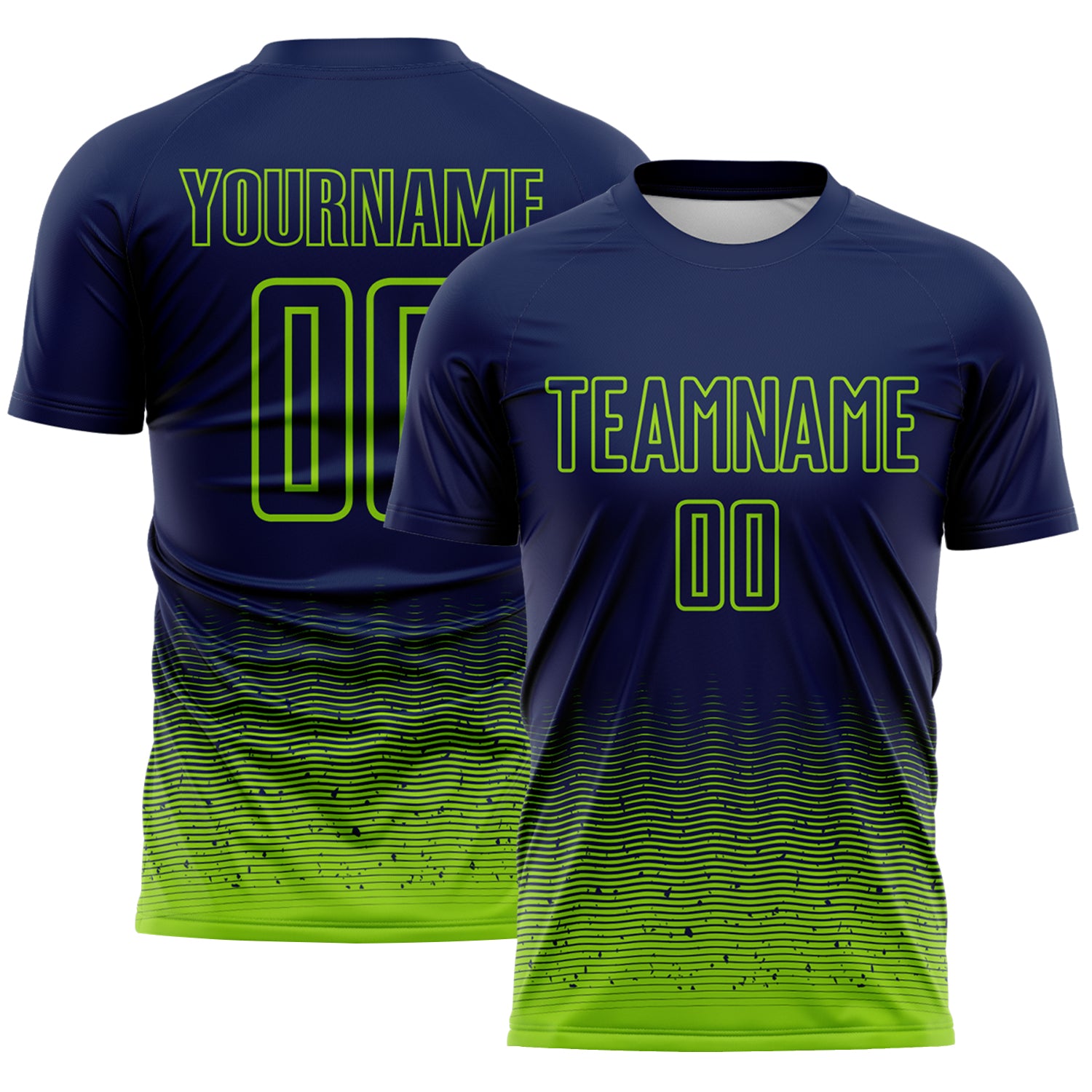 Custom Navy-Neon Green Fade Wave Lines Splatter Sublimation Soccer Uniform Jersey