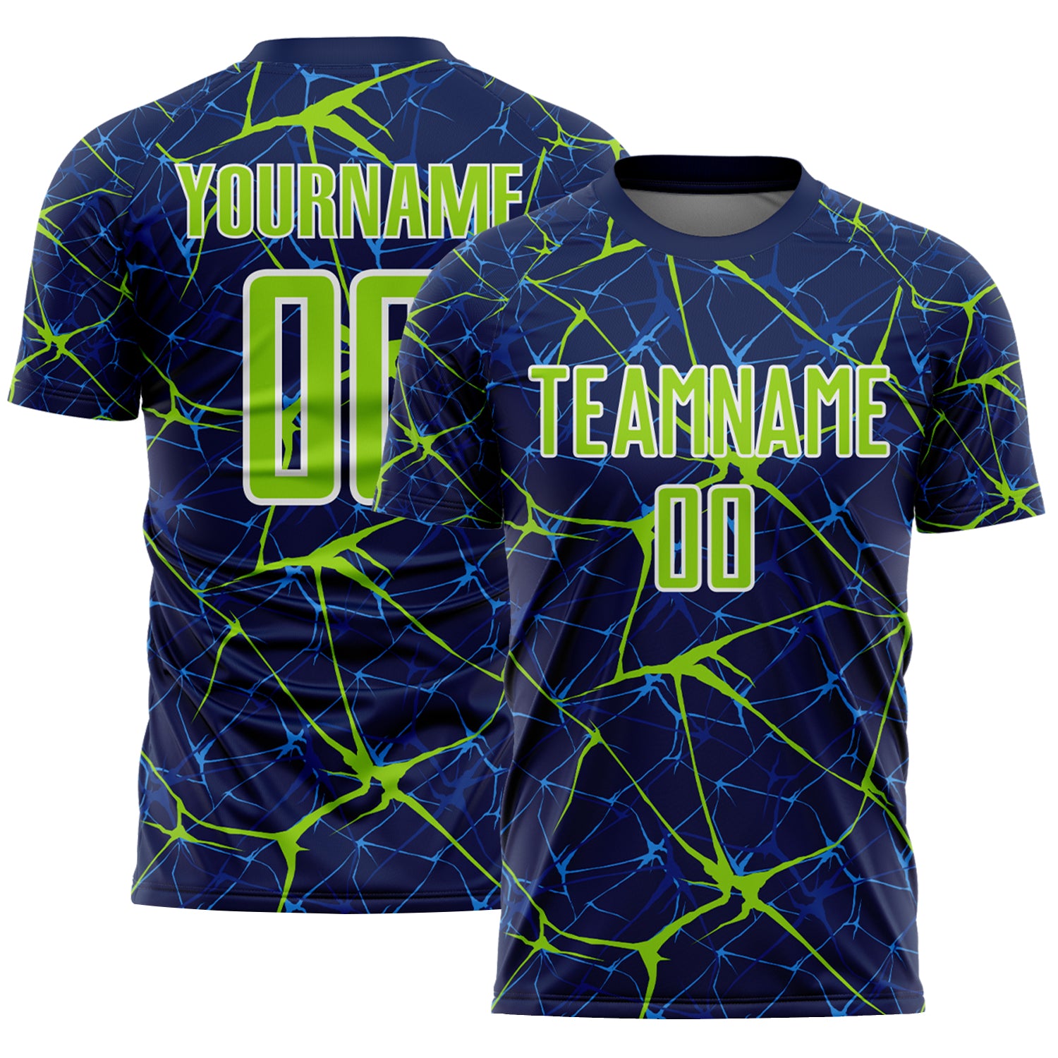 Custom Navy Neon Green-White Abstract Network Crackle Sublimation Soccer Uniform Jersey