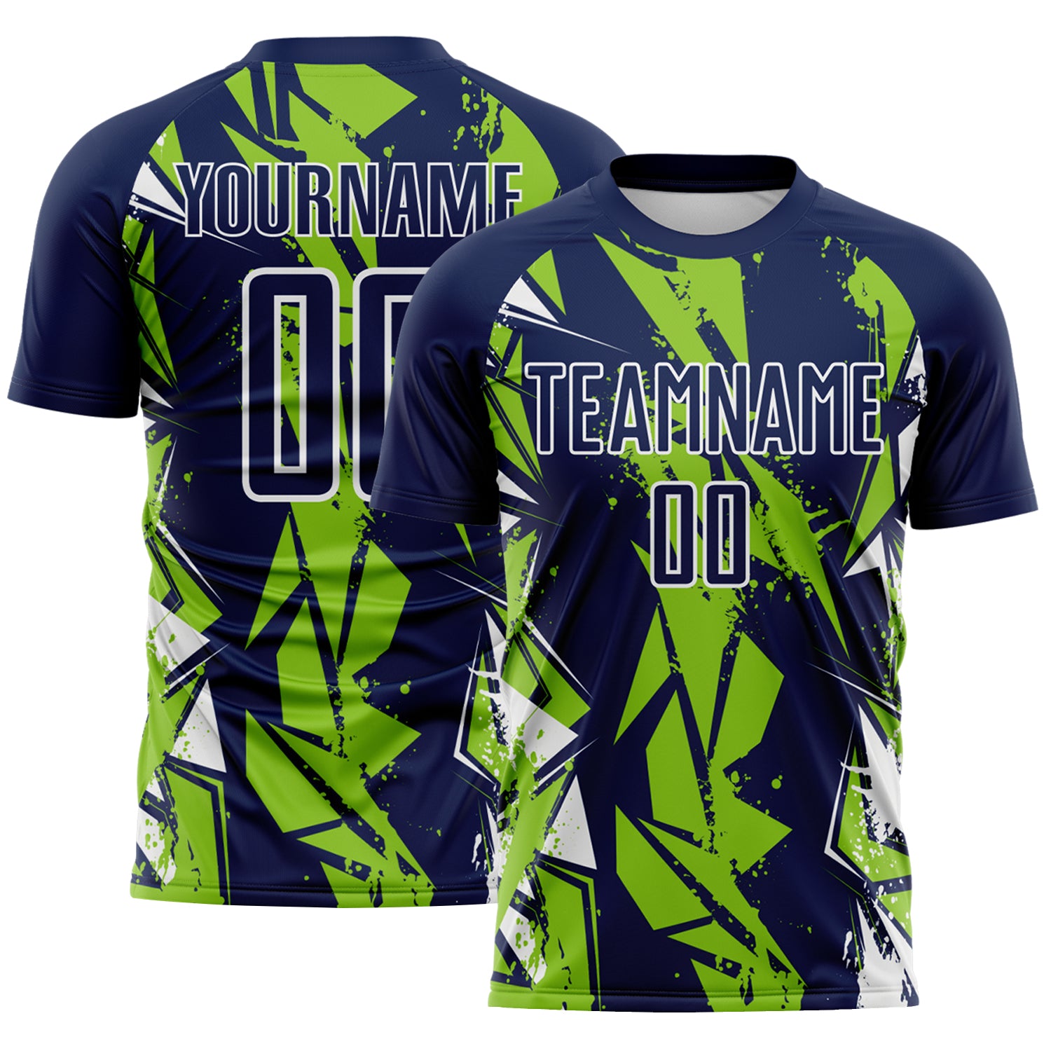 Custom Navy Neon Green-White Geometric Shard Grunge Splash Sublimation Soccer Uniform Jersey