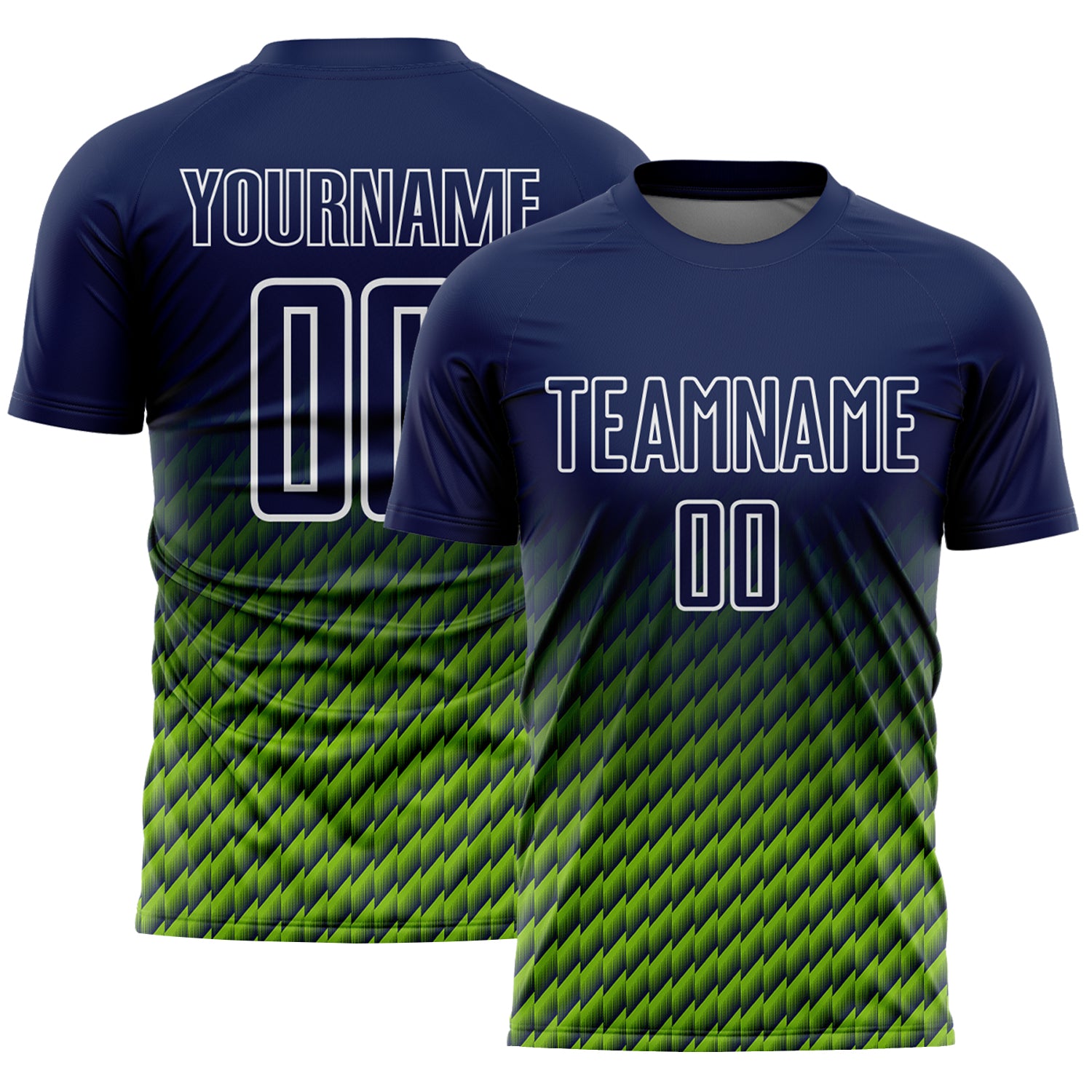 Custom Navy Neon Green-White Geometric Wave Gradient Sublimation Soccer Uniform Jersey