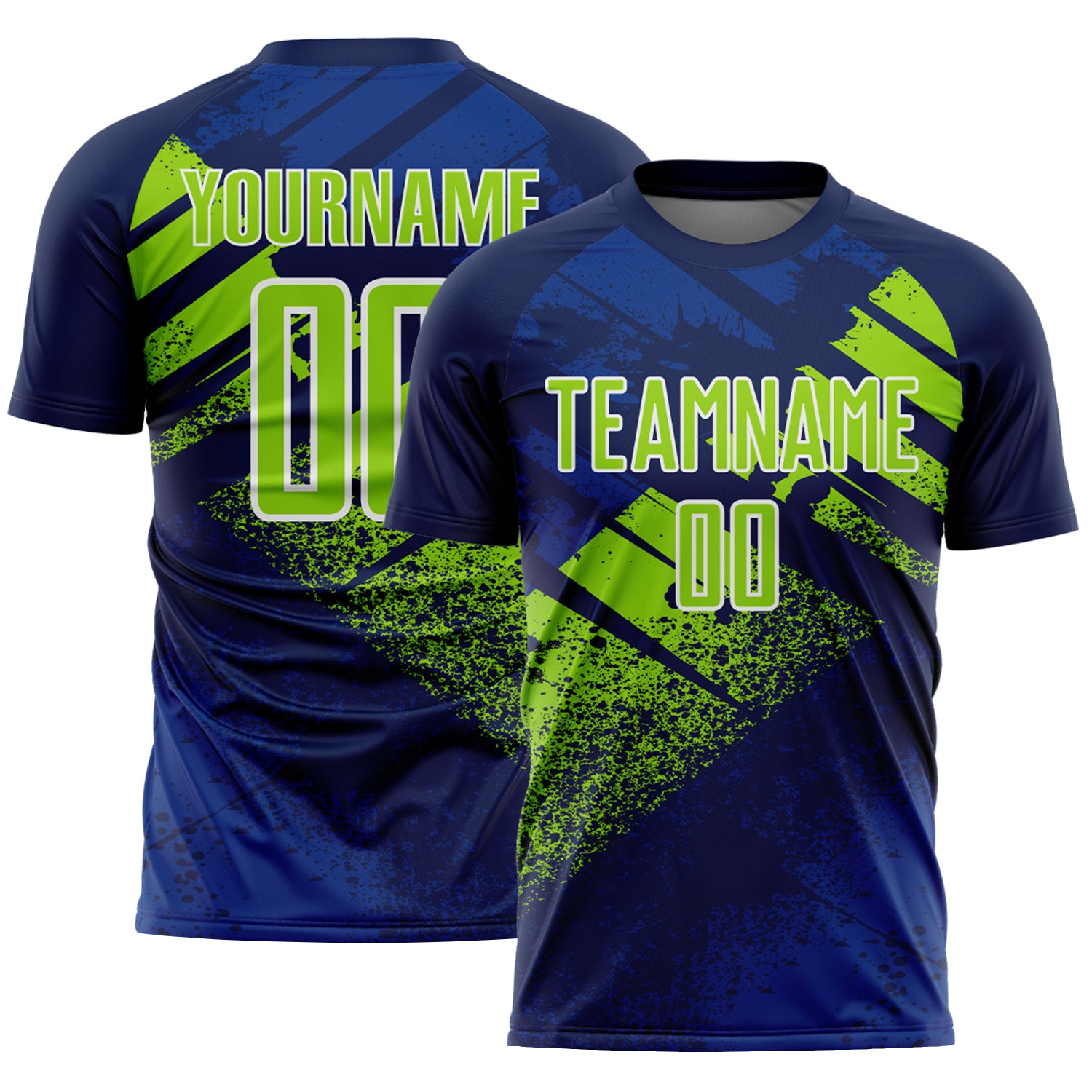 Custom Navy Neon Green-White Grunge Splatter Brush Stroke Sublimation Soccer Uniform Jersey