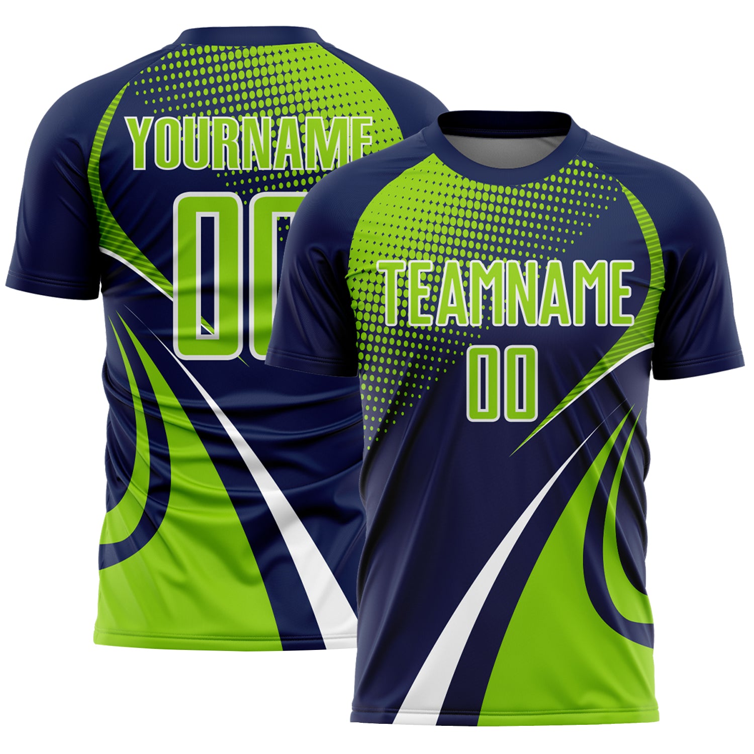 Custom Navy Neon Green-White Halftone Dot Dynamic Curve Stripe Sublimation Soccer Uniform Jersey