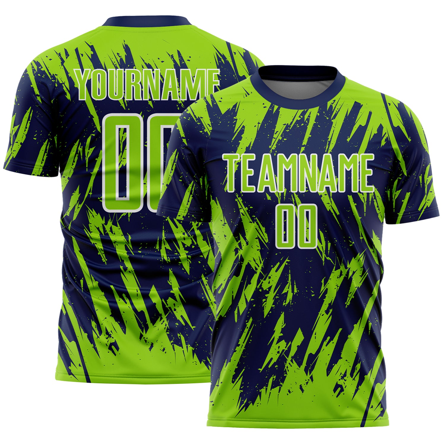 Custom Navy Neon Green-White Splatter Torn Sharp Brush Stroke Sublimation Soccer Uniform Jersey