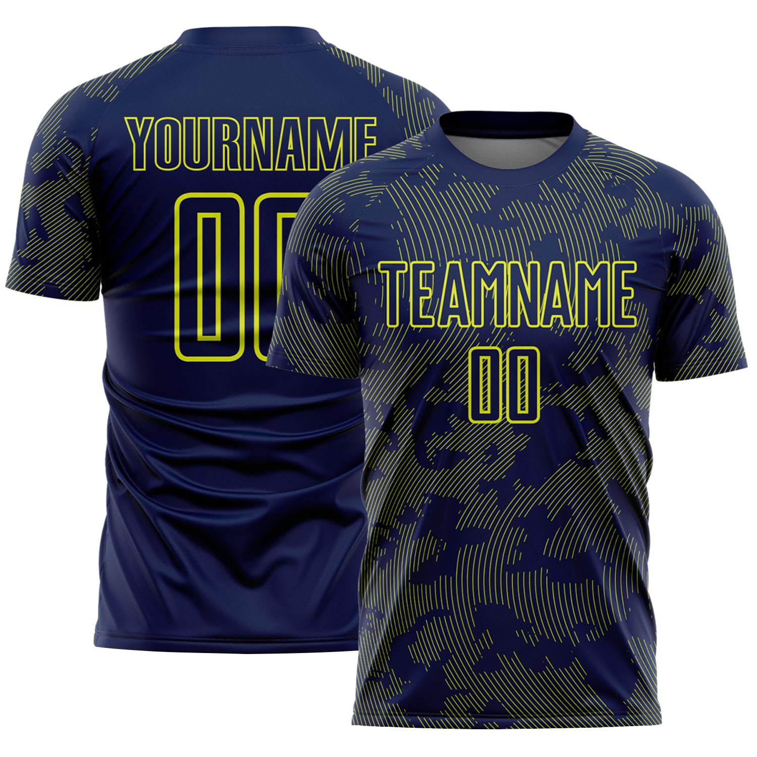 Custom Navy-Neon Yellow Curve Lines Sublimation Soccer Uniform Jersey