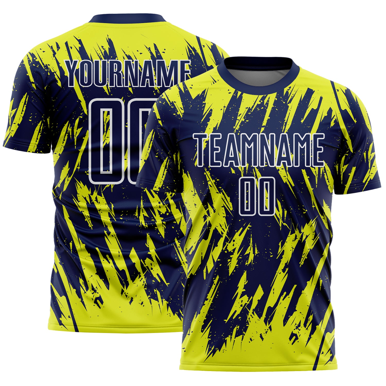 Custom Navy Neon Yellow-White Splatter Torn Sharp Brush Stroke Sublimation Soccer Uniform Jersey