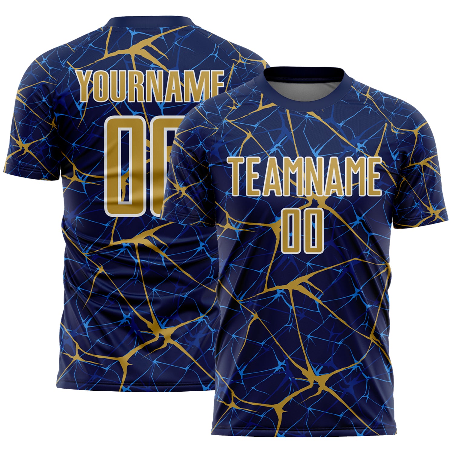 Custom Navy Old Gold-White Abstract Network Crackle Sublimation Soccer Uniform Jersey