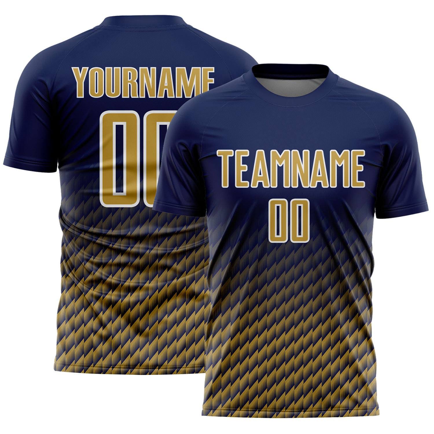 Custom Navy Old Gold-White Geometric Wave Gradient Sublimation Soccer Uniform Jersey