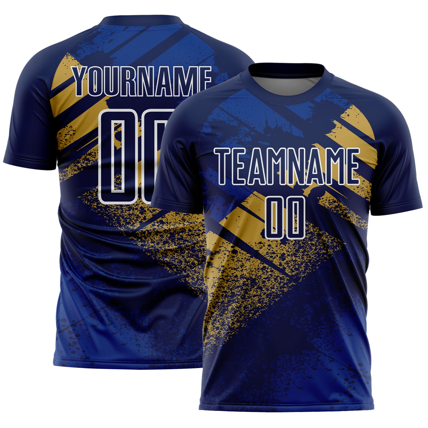 Custom Navy Old Gold-White Grunge Splatter Brush Stroke Sublimation Soccer Uniform Jersey