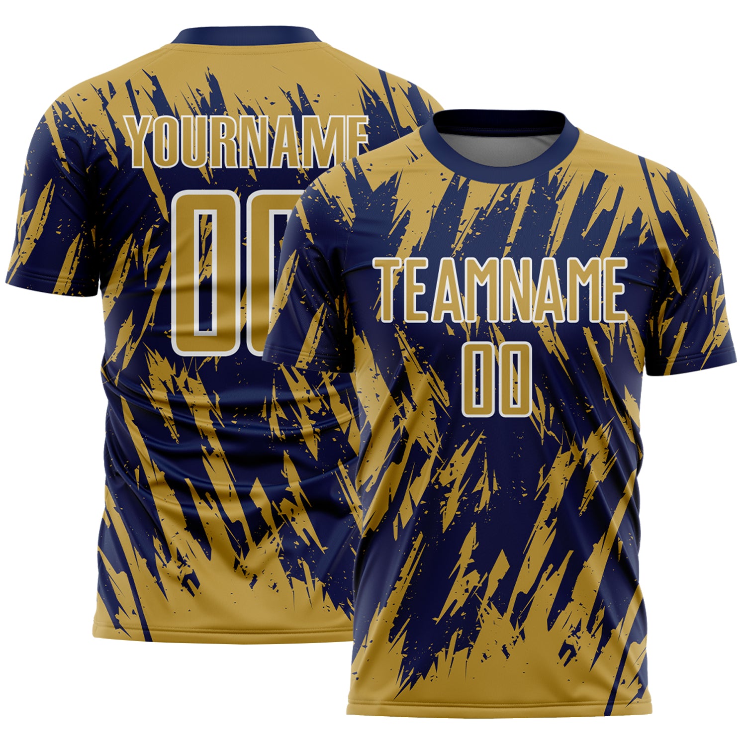 Custom Navy Old Gold-White Splatter Torn Sharp Brush Stroke Sublimation Soccer Uniform Jersey