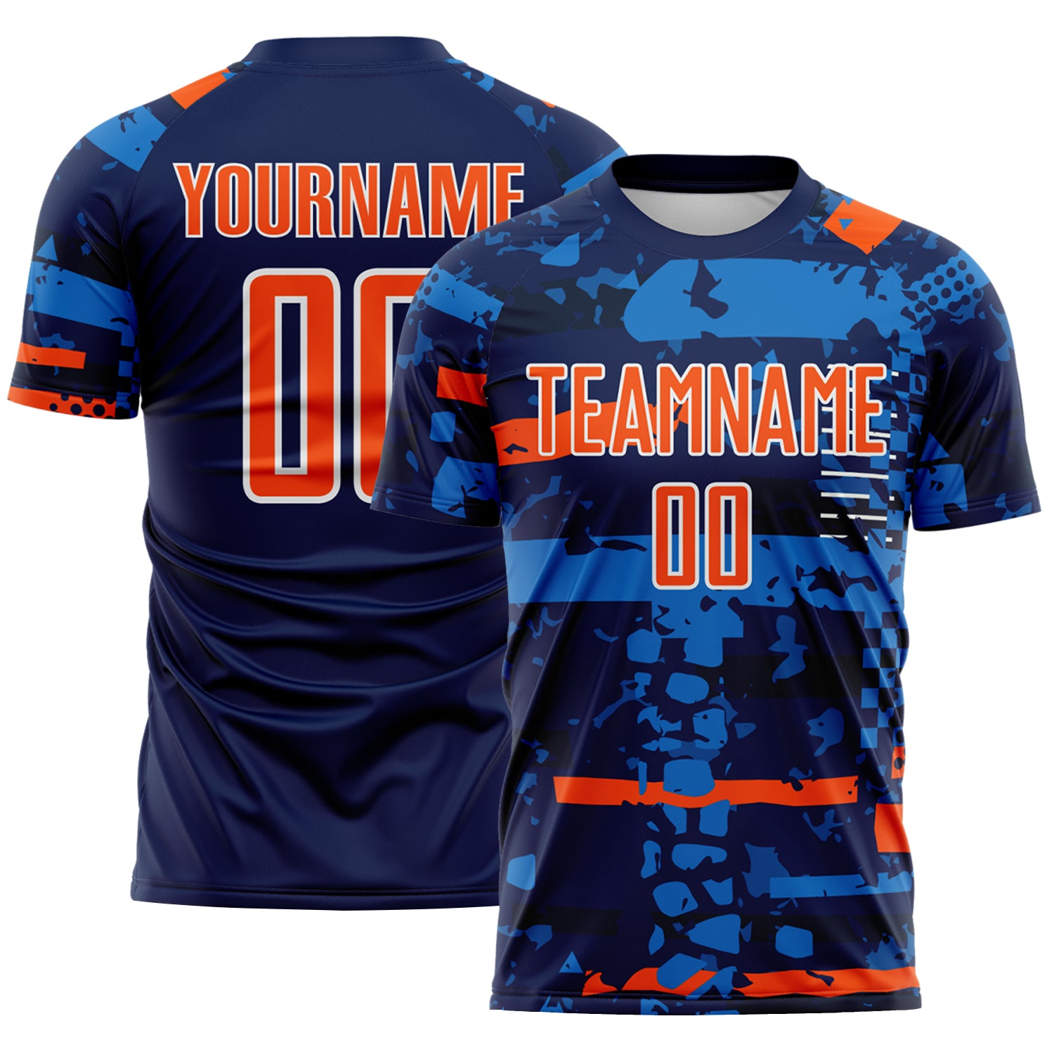 Custom Navy Orange Blue-White Abstract Geometric Stripe Fragment Sublimation Soccer Uniform Jersey
