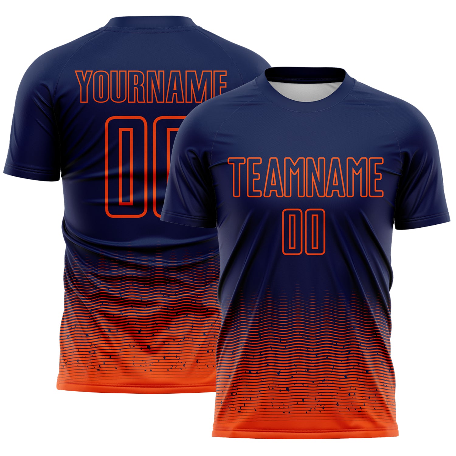 Custom Navy-Orange Fade Wave Lines Splatter Sublimation Soccer Uniform Jersey