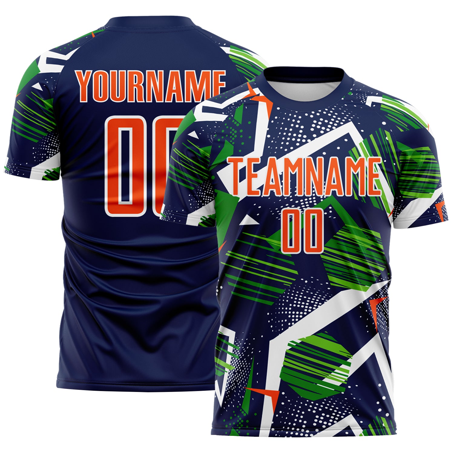 Custom Navy Orange Green-White Geometric Asymmetry Shatter Sublimation Soccer Uniform Jersey