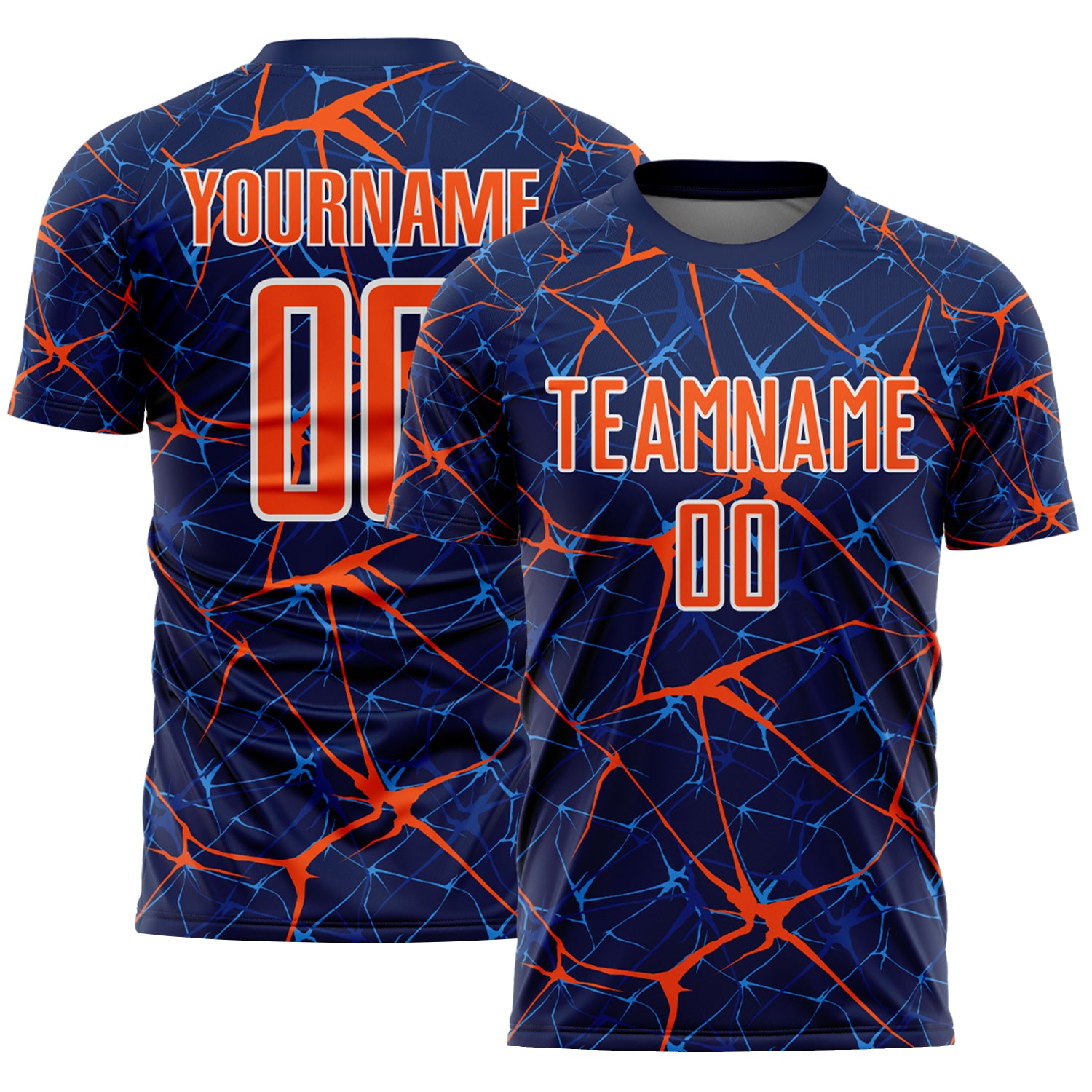 Custom Navy Orange-White Abstract Network Crackle Sublimation Soccer Uniform Jersey