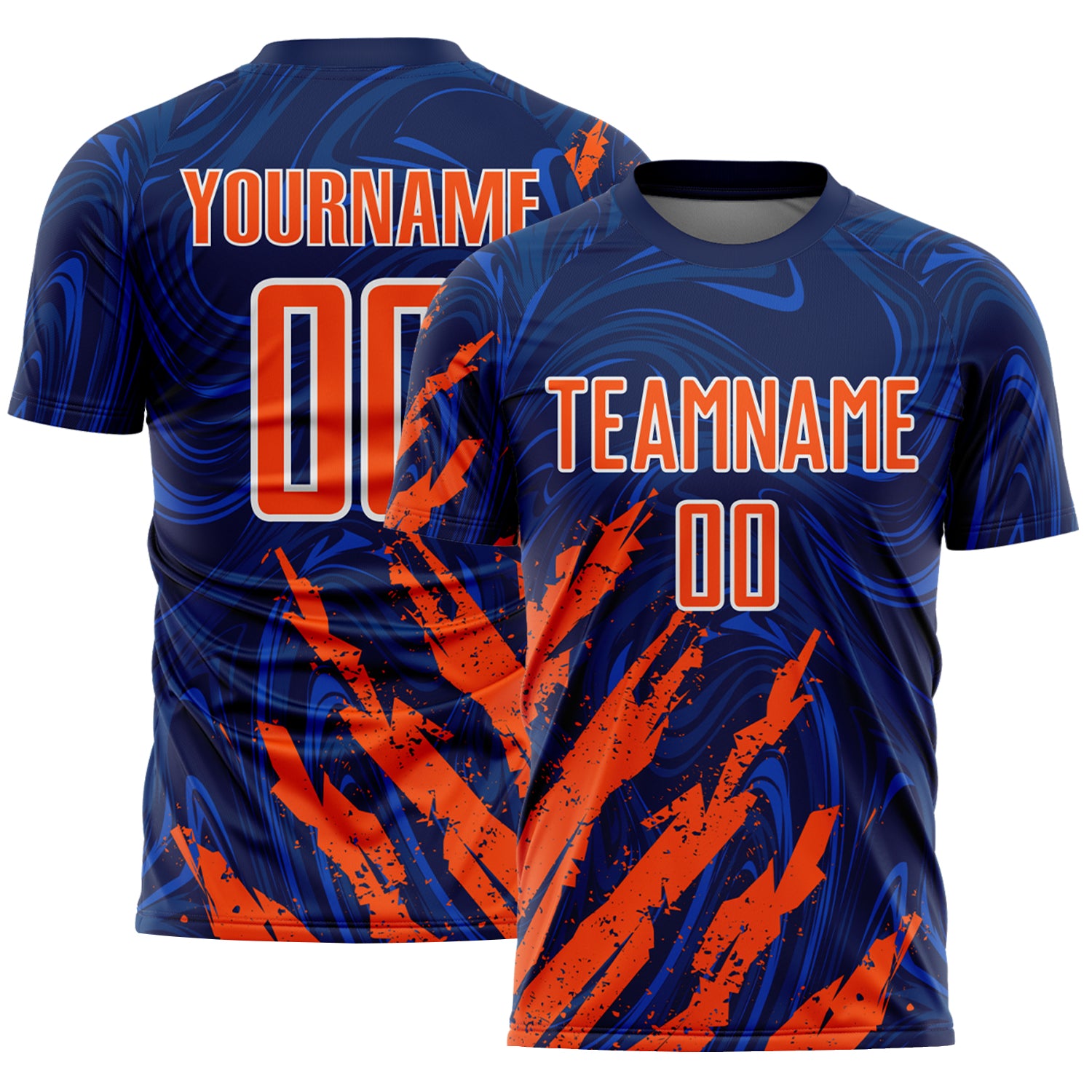 Custom Navy Orange-White Brush Stroke Splatter Liquid Swirl Sublimation Soccer Uniform Jersey