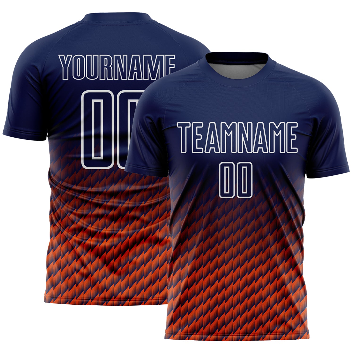 Custom Navy Orange-White Geometric Wave Gradient Sublimation Soccer Uniform Jersey