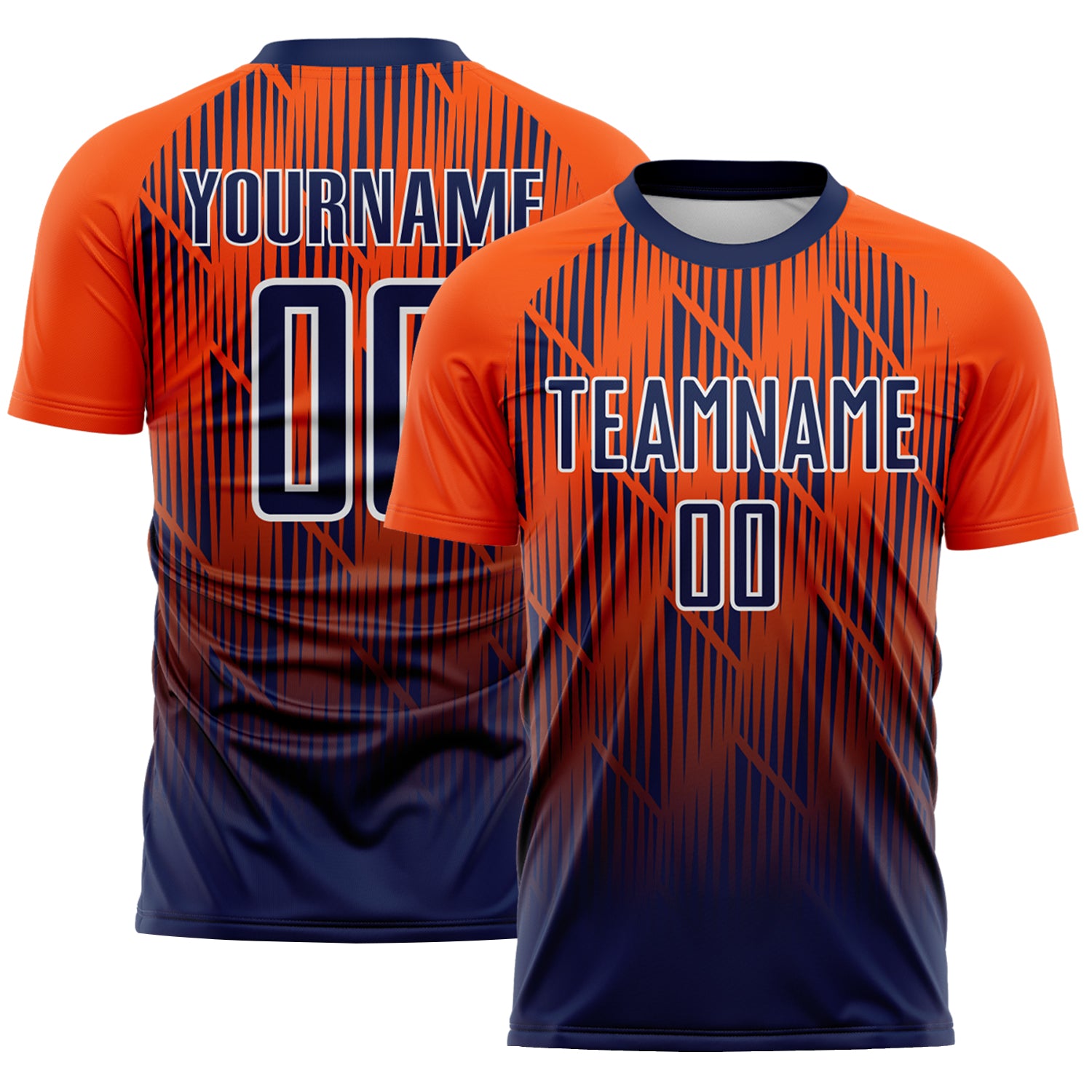 Custom Navy Orange-White Spiked Sharp Lines Gradient Sublimation Soccer Uniform Jersey
